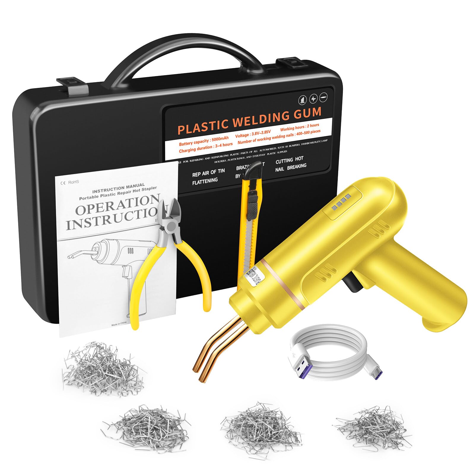 Fawoonu 200W Cordless USB Plastic Welder,Plastic Welding Kit with 400PCS Hot Staples for Car Bumper Crack Fender Uniform Size Yellow