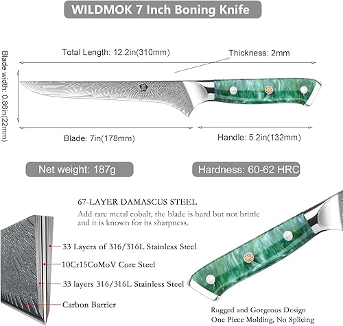 Miniatura 2 de WILDMOK Cuchillo deshuesador, cuchillo de filete de damasco de 7 pulgadas, cuchillo japonés de acero de Damasco, corte de carne, tallado, hueso,