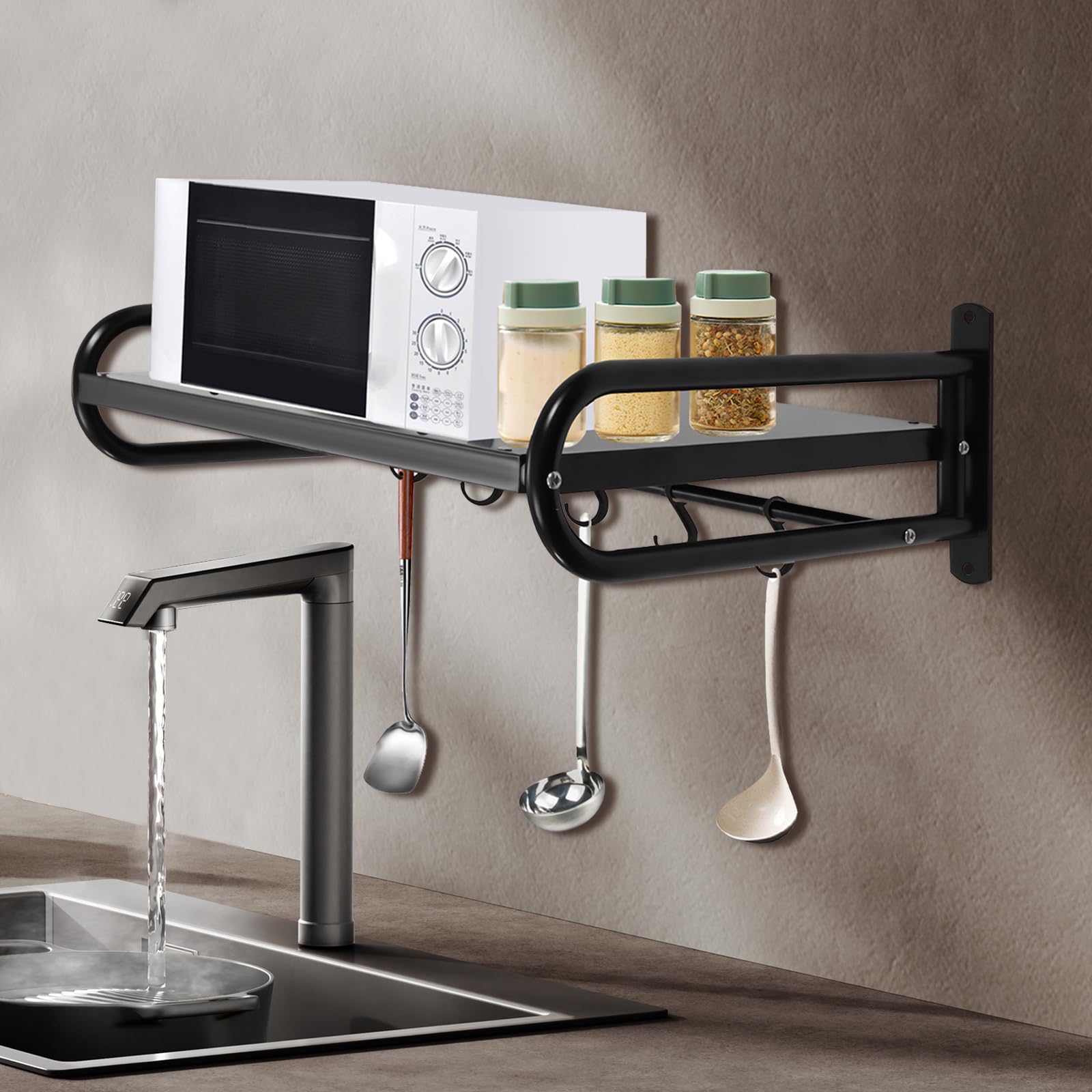 Estantería de pared para microondas, 6 ganchos, soporte para microondas, estante de pared de acero inoxidable, estante de pared para microondas, montaje adhesivo o montaje en taladro