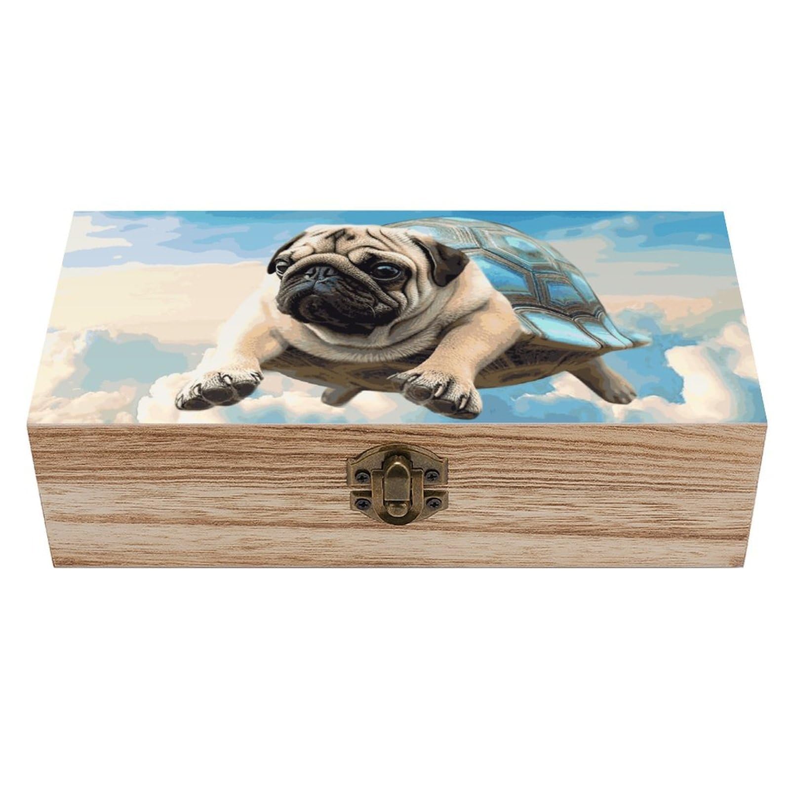Funny Turtle Pug Dog in The Sky Wooden Storage Box Exquisite Durable Wood Gift Case Sturdy Vintage Jewelry Wooden Chest for Art Hobbies Storage Keepsake Gift
