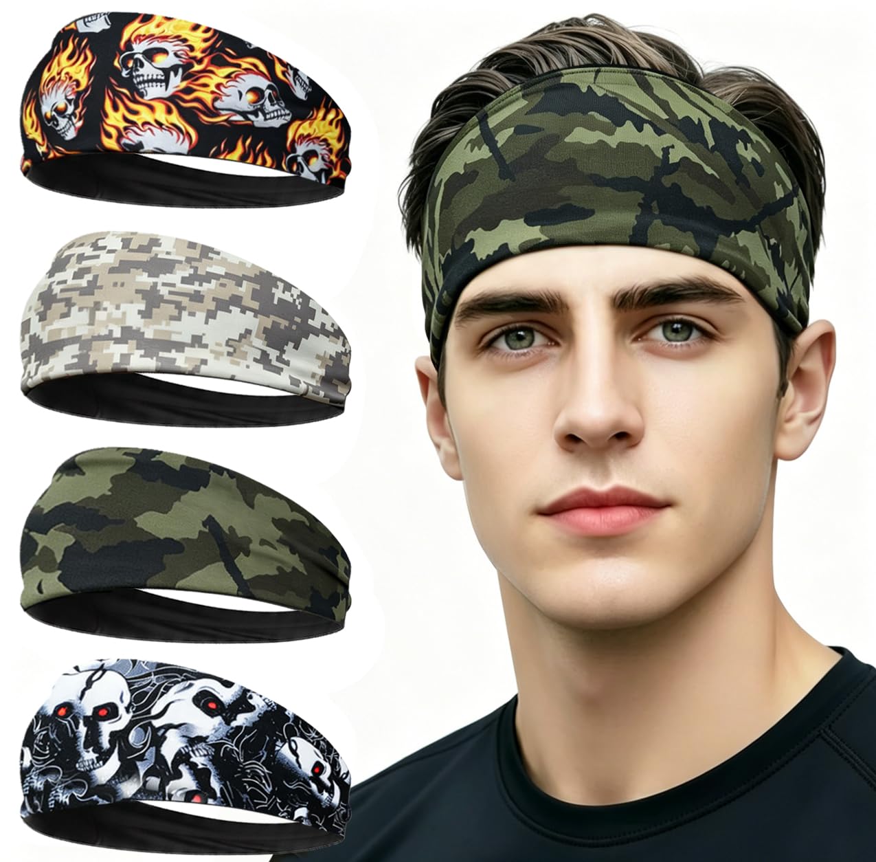 srllbby Sport Sweatbands for Men and Womem, 4 Pack, Summer Workout Headbands, Sweat Wicking Double-Layer Hairbands for Running (Camo+Skull)-picture-15