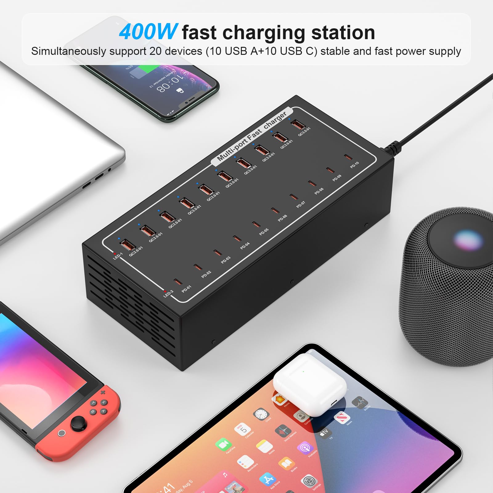 Lcoco&Dream Fast Charging Station (400W), 20 in 1 USB Power Outlet, 10 USB C and 10 USB A Ports, Suitable for iPhone, Android Phone, iPad, Tablet and Other Electronics Fast Charging