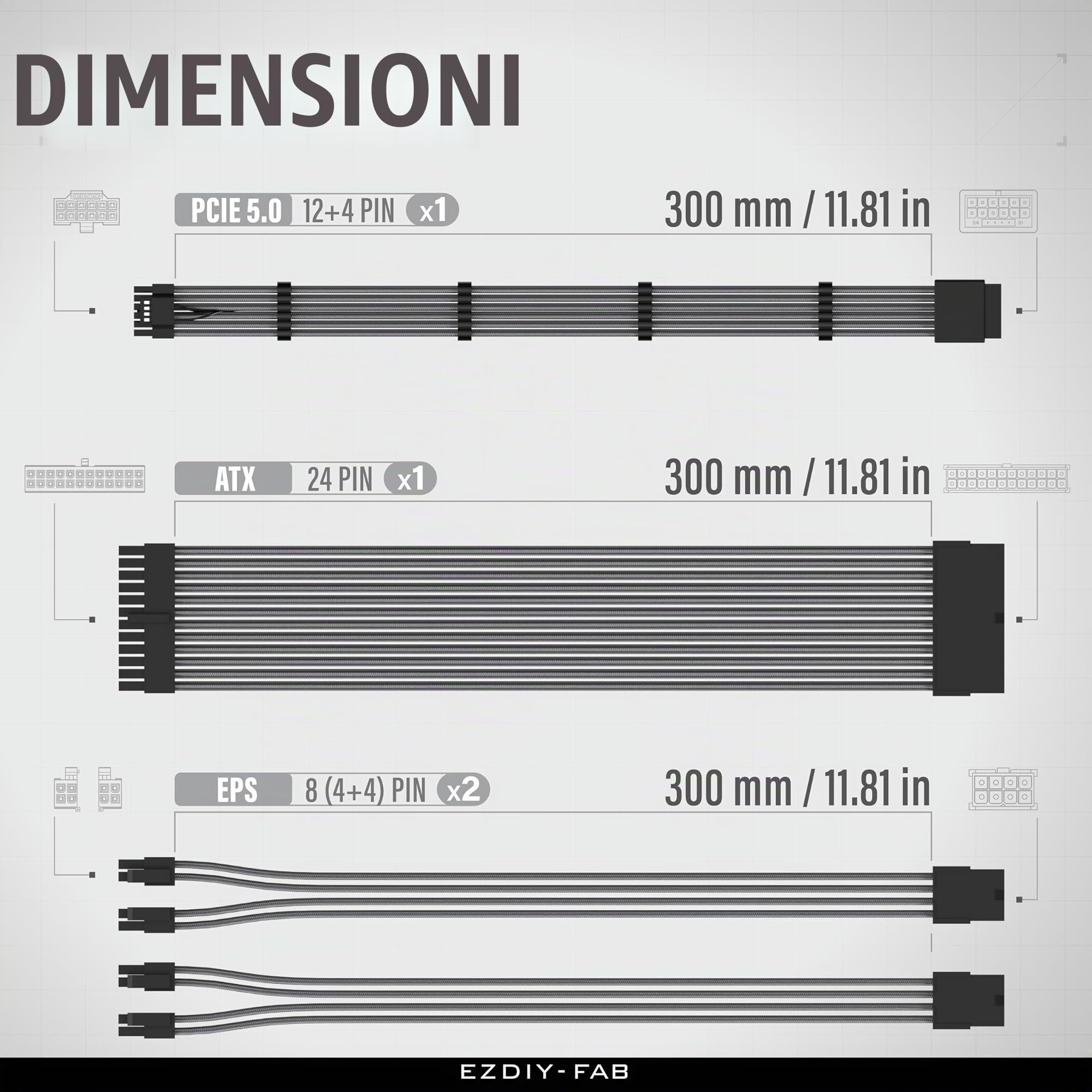 EZDIY-FAB Kit di Estensione del Cavo PSU 12VHPWR,Estensione del di Alimentazione 16AWG PCIE 5.0-1x 24 pin ATX /2X 8Pin (4+4) EPS/1x12+4 pin GPU,Cavo a Manicotto 300MM con Pettini-Carbonio