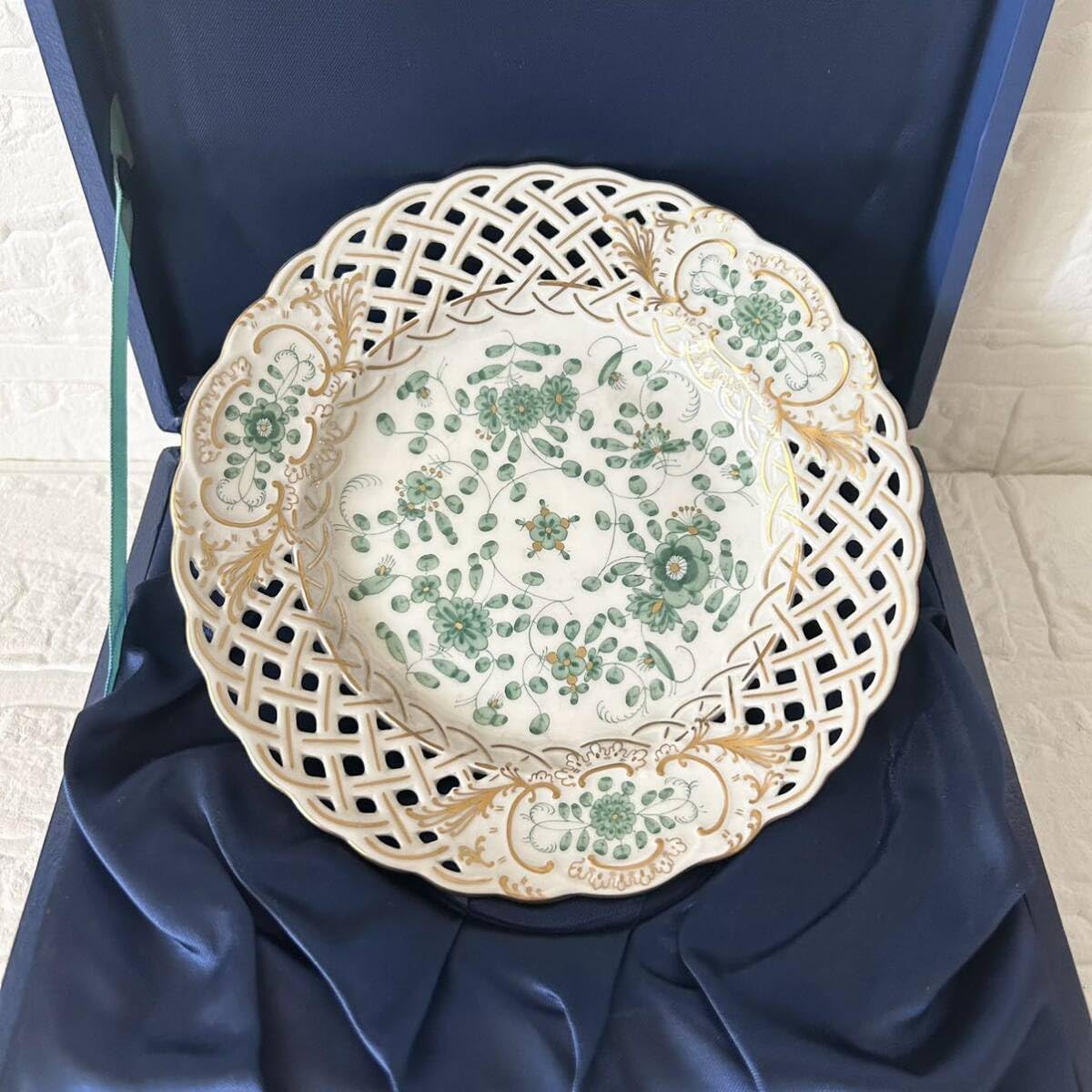 一級品 マイセン インドの華 透かし編み プレート グリーン 箱あり 未