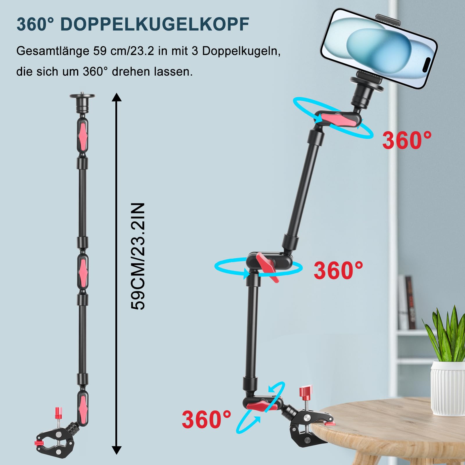 Magic arm con super morsetto, 23''/59cm supporto fotocamera con vite da 1/4" 3/8" per action camera luce video (B)