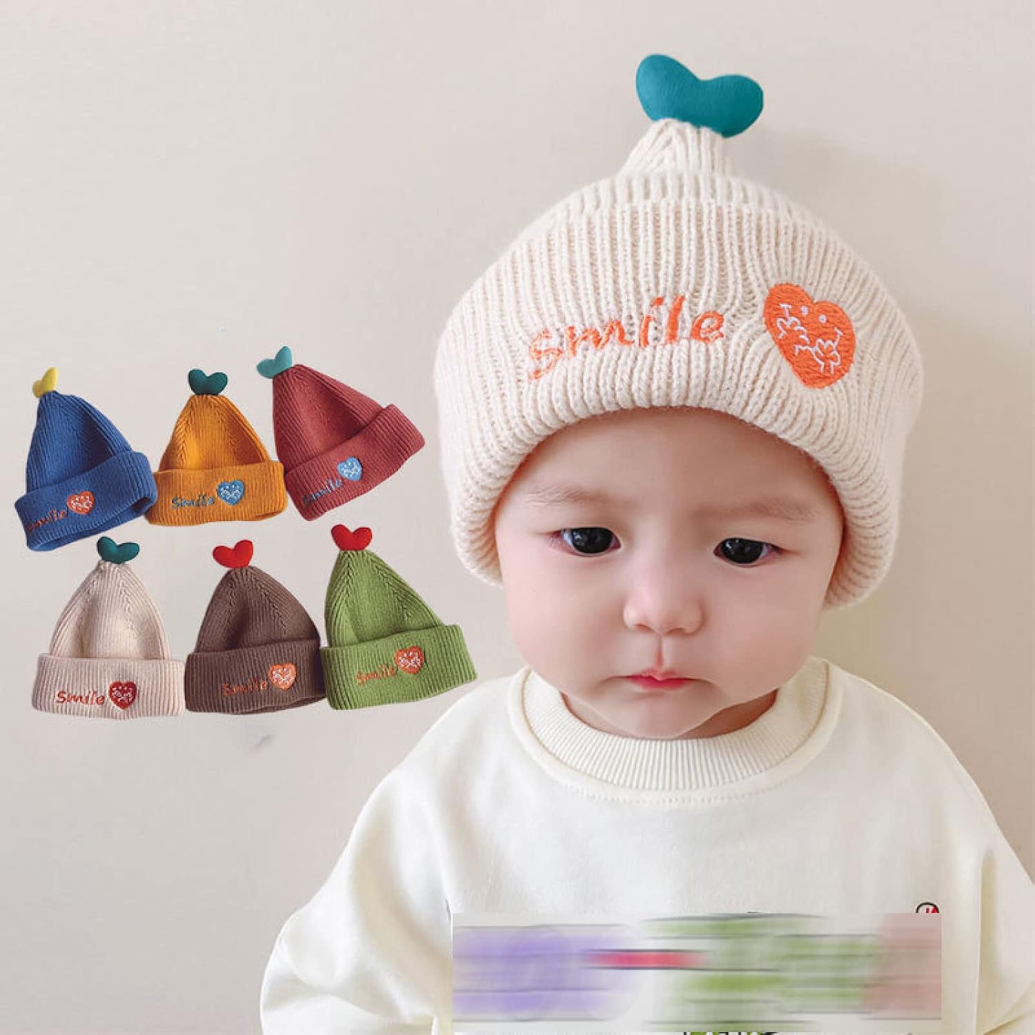 Lined Beanie Hats,Cute Children's Knitted hat, Love Baby Warm Woolen hat,Beige,5 Months-3 Years Old,with Detachable Pom Pom Hats