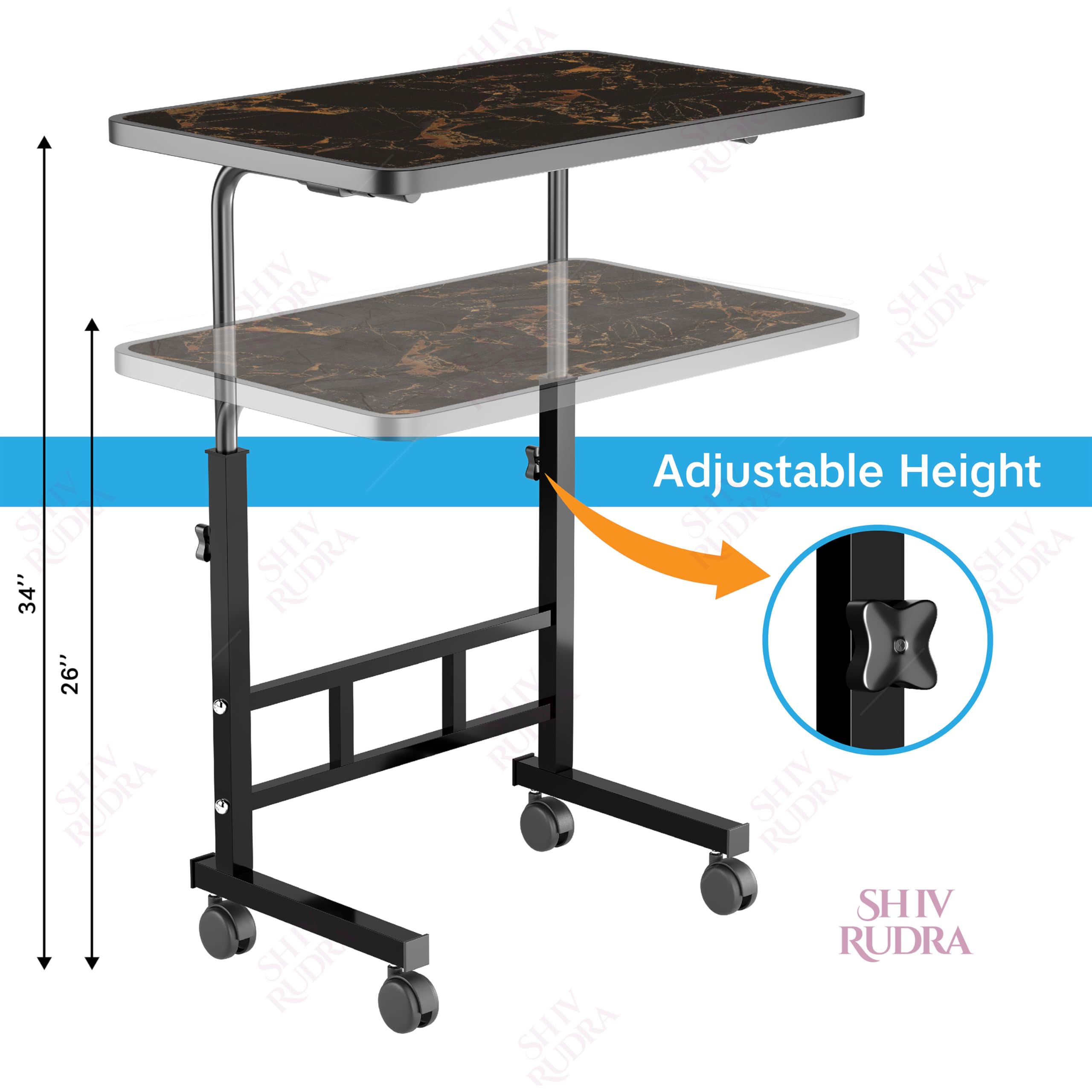 OPTIFINE Wooden Multipurpose Adjustable Height Table with Wheels for Work from Home, Study, Office and Bedroom (Golden Marble Adjustable) 2