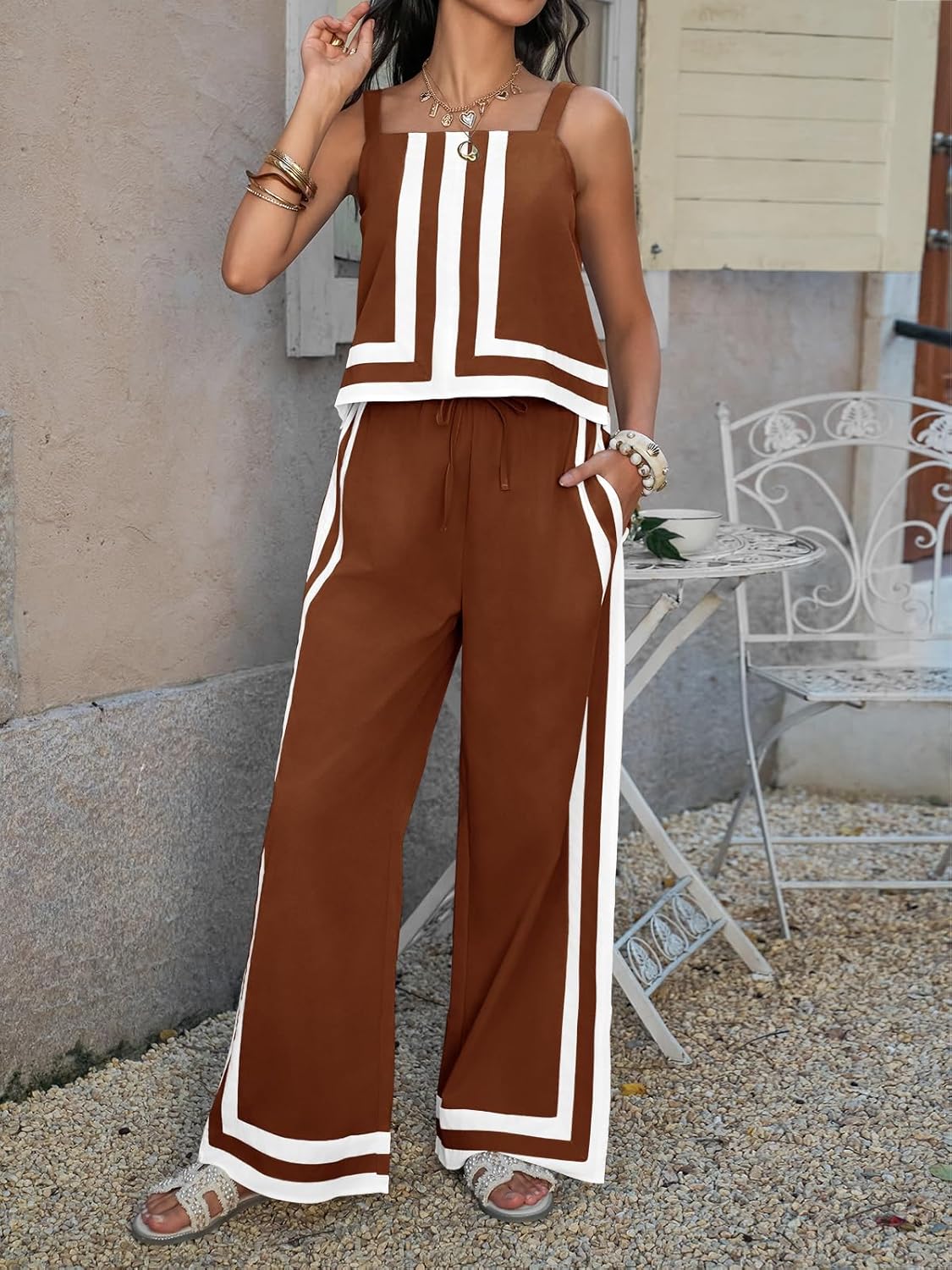 Tankaneo Womens 2 Piece Lounge Set Summer Casual Color Block Cami Top Wide Leg Pants Set Beach Vacation Outfits - Image 2