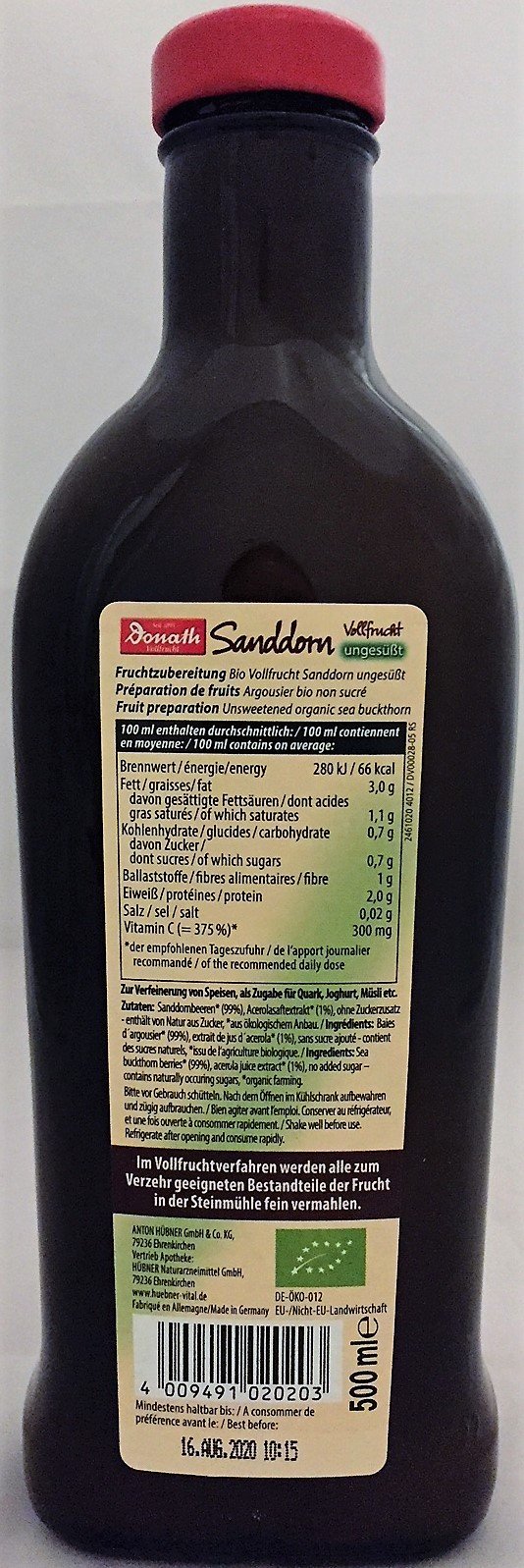 Donath Vollfrucht Sanddorn ungesüßt bio, 3 x 500ml
