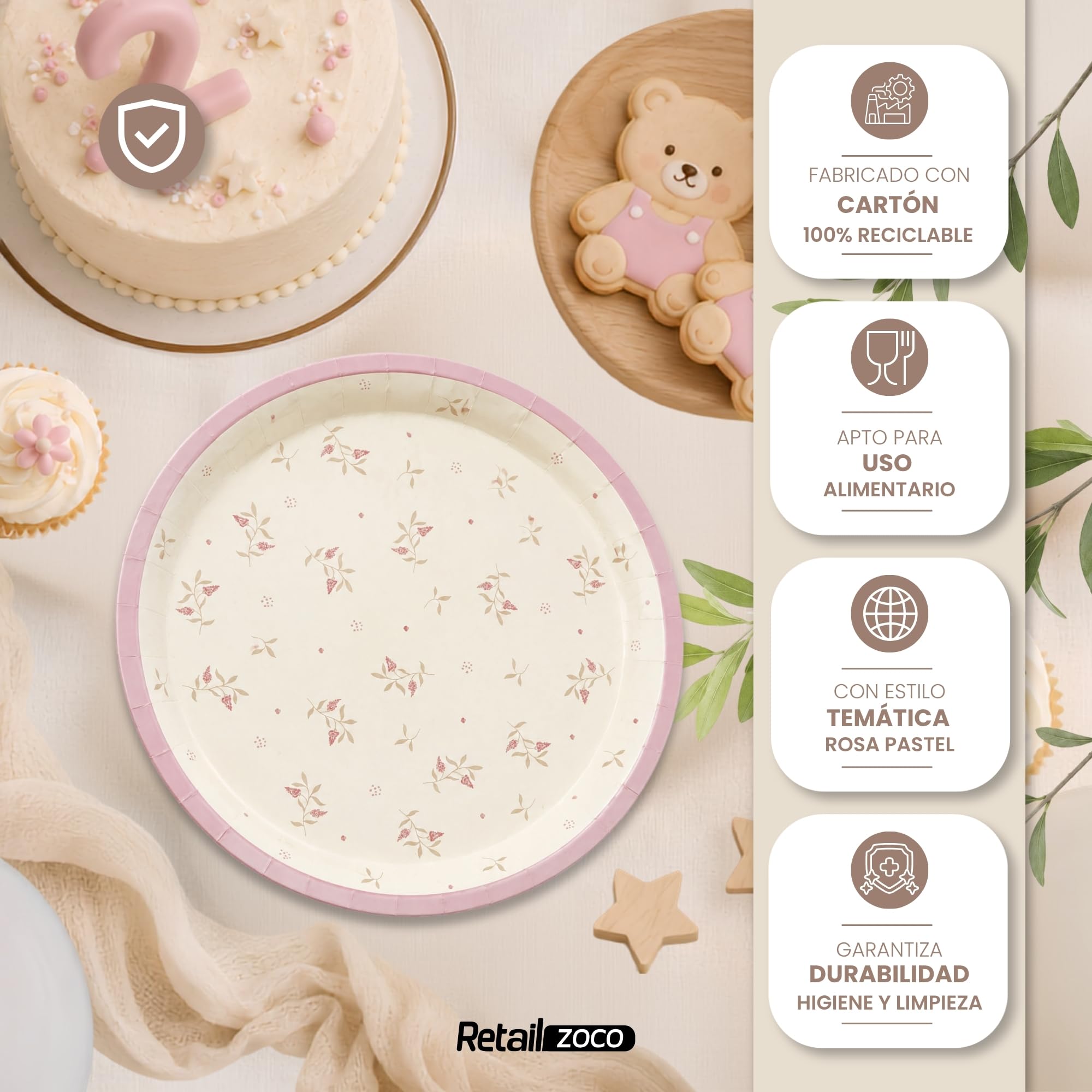 Platos de cartón, Platos Desechables cartón, Diseño Flores Rosa, 6 Unidades - imagen 5