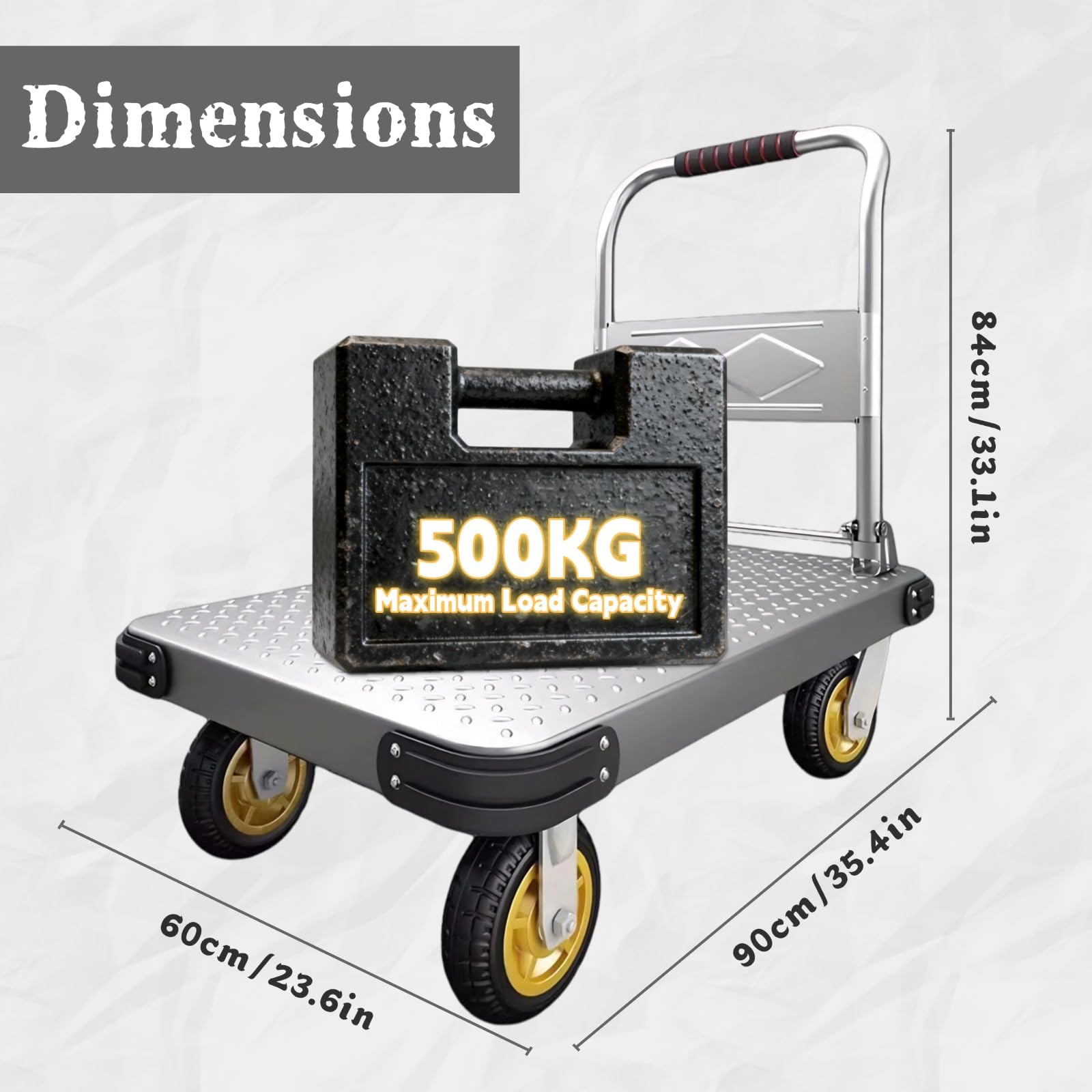 Schwerlast Klappbarer Plattformwagen – 500kg Tragkraft, Stahl transportwagen mit Rutschfester Plattform für Baustelle, Lager und Großgarten(Size:90x60cm)