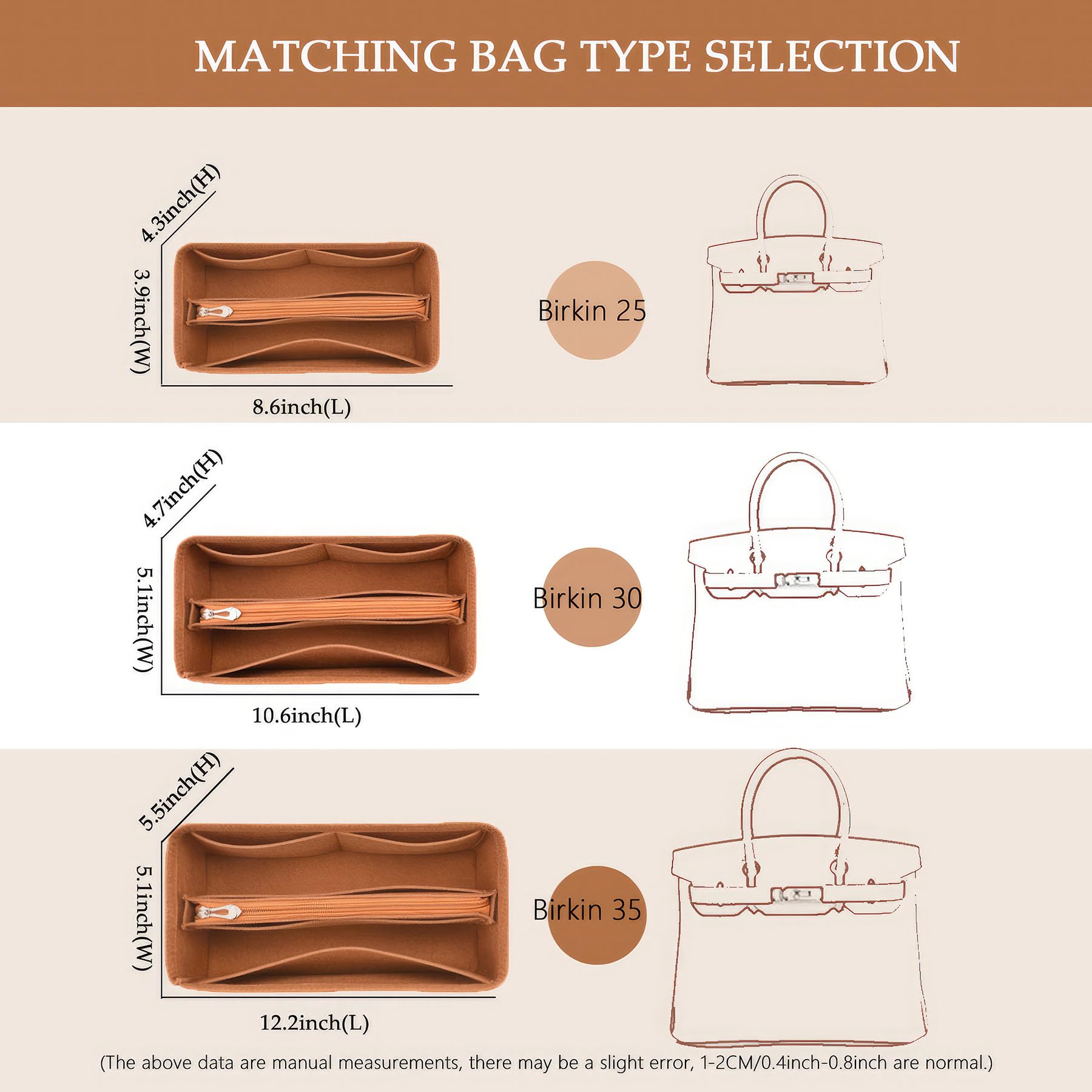 Organizador de bolso para bolsos, organizador de bolsas de fieltro con cremallera, gran capacidad, para mujeres, moldeador de bolsos para Birkin (35, naranja)