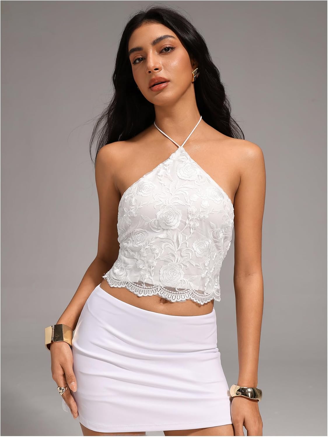 MakeMeChic Women's Summer Floral Tops Halter Crop Tops Tie Open Back Lace Up Sleeveless Tank - Image 7