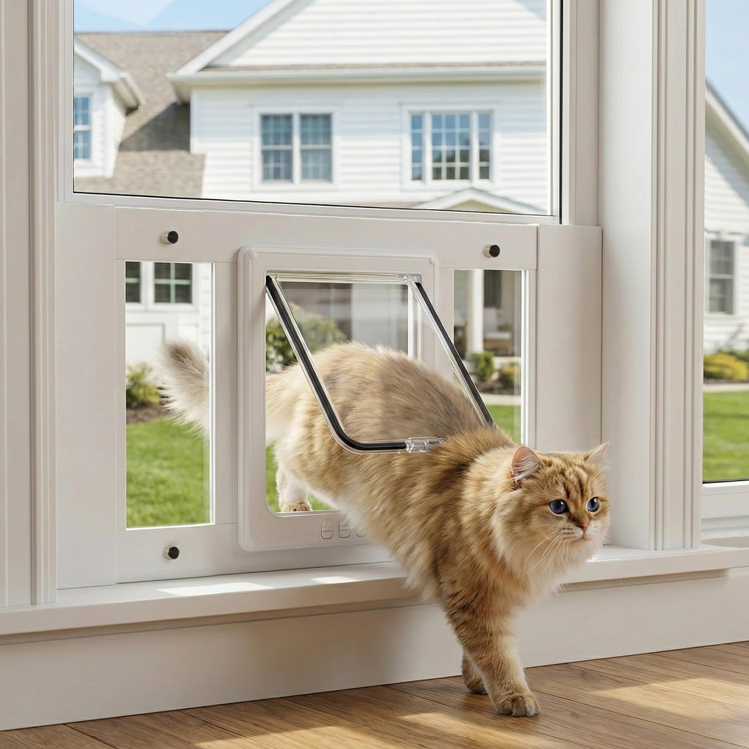 Aluminum Cat Door for Window, Adjustable Full-Size 23-28 Inch Window Pet Door, No-Tool Installation, Controllable Flap with 4 Locking Modes, Weatherproof & Secure Insert for Cats