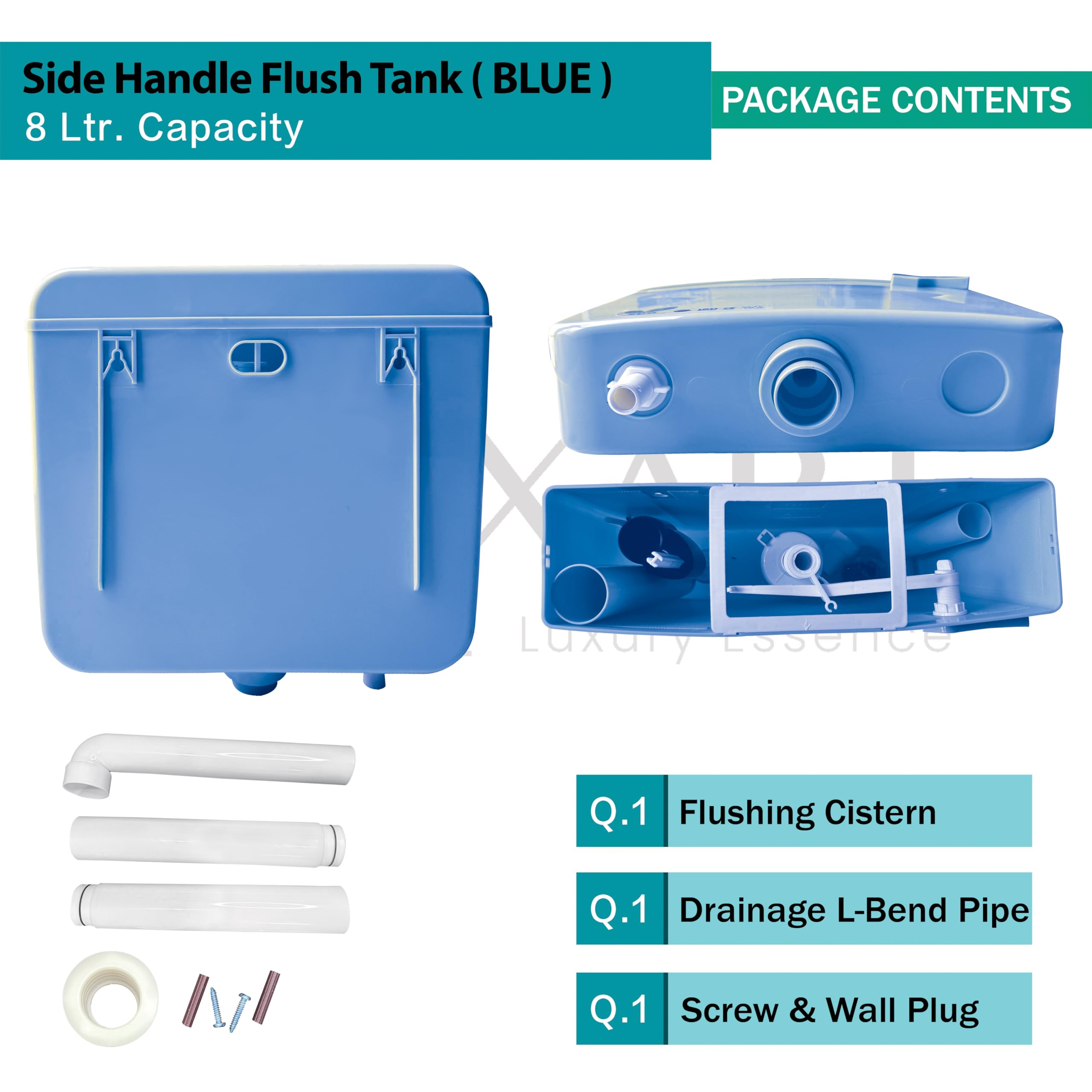 LUXART 8-Liter Side Handle Flush Tank For Toilet| AL-Blue | Slim Wall Mounted Polypropylene Cistern with Side Handle Mechanism | Air Freshener Slot & Complete Kit 4