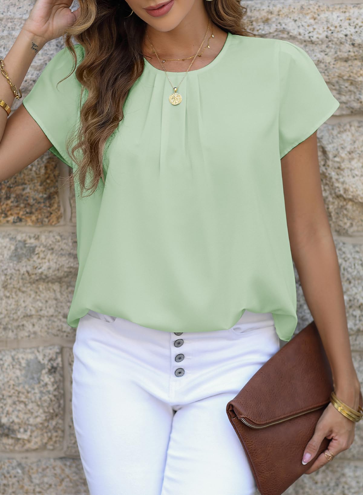 Dokotoo Women's Casual Round Neck Basic Pleated Tops Short Sleeve Loose Fit Curved Back Chiffon Blouses Tshirts