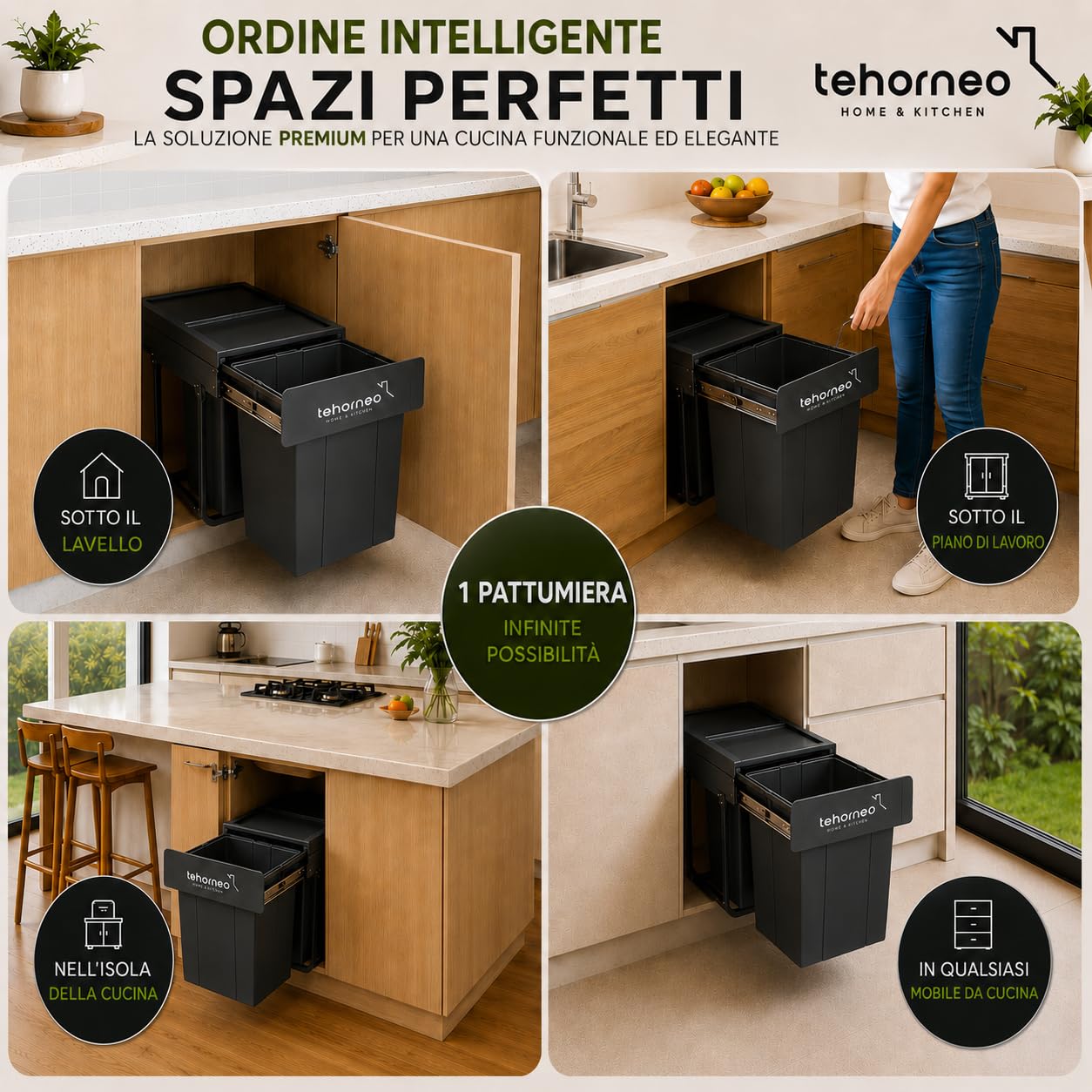 TEHORNEO Pattumiera Sottolavello, Pattumiera Estraibile Sottolavello 2X15 L Acciaio e Plastica, Pattumiera Sottolavello Estraibile, Secchio Spazzatura Sottolavello, Bidoni Sotto Lavello Cucina