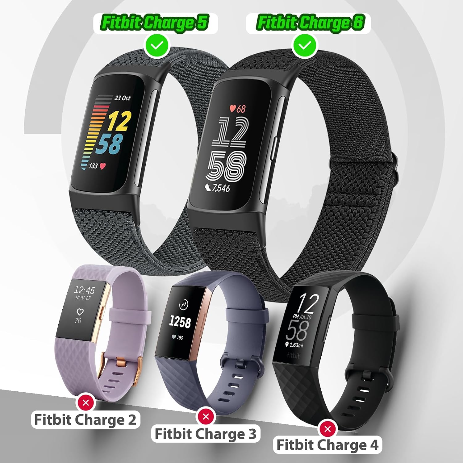 Bcuckood 5 Pack Elastic Nylon Watch Bands Compatible for Fitbit Charge 6/Fitbit Charge 5, Adjustable Breathable Replacement Stretchy Nylon Loop Wristband Sport Strap for Women Men image 4