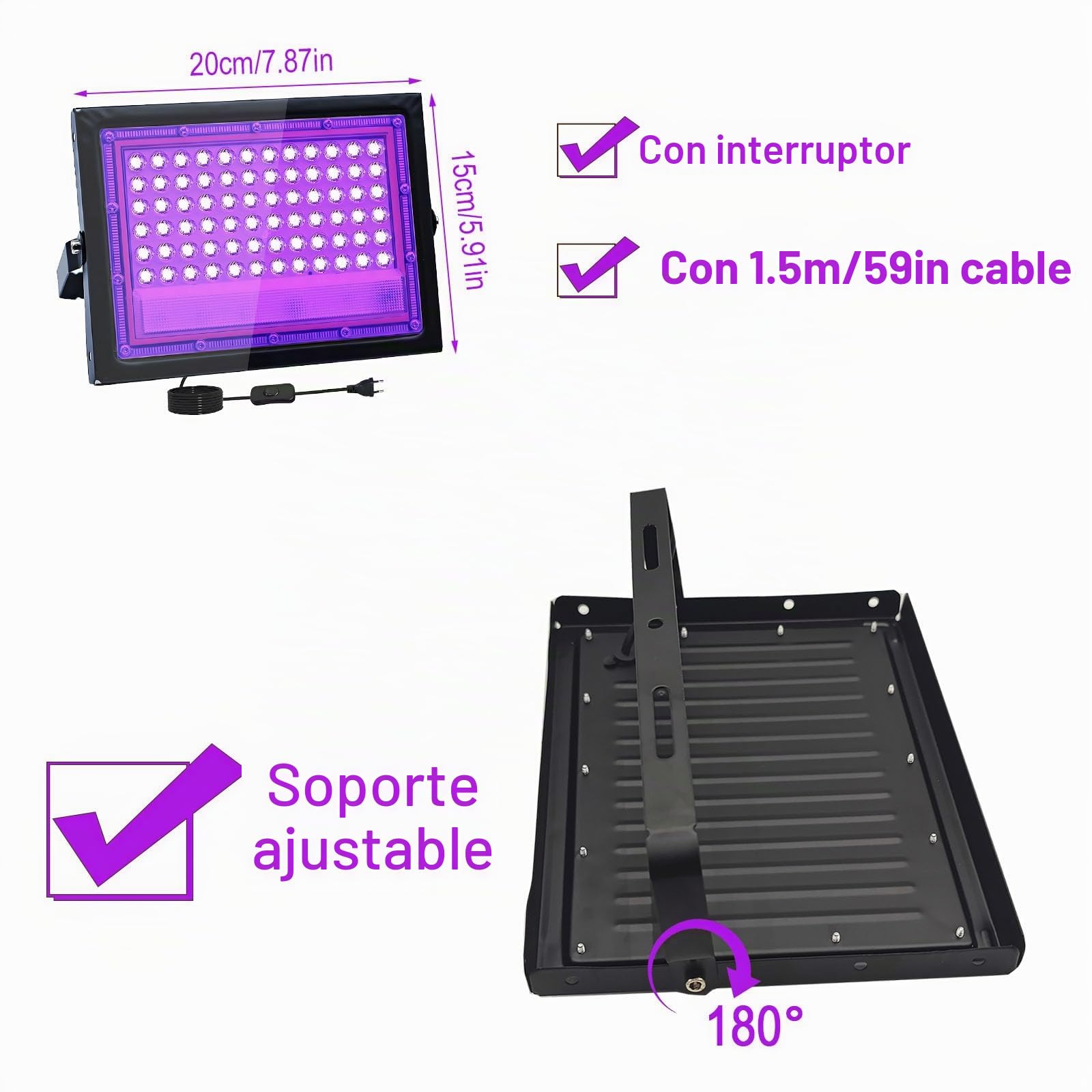 2 Piezas 50W LED Luz Negra, IP66 Impermeable Foco UV Ultravioleta, Luz Negra Ultravioleta Con Interruptor para Halloween, Discoteca, Pintura Corporal, Neón, DJ, Black light Party