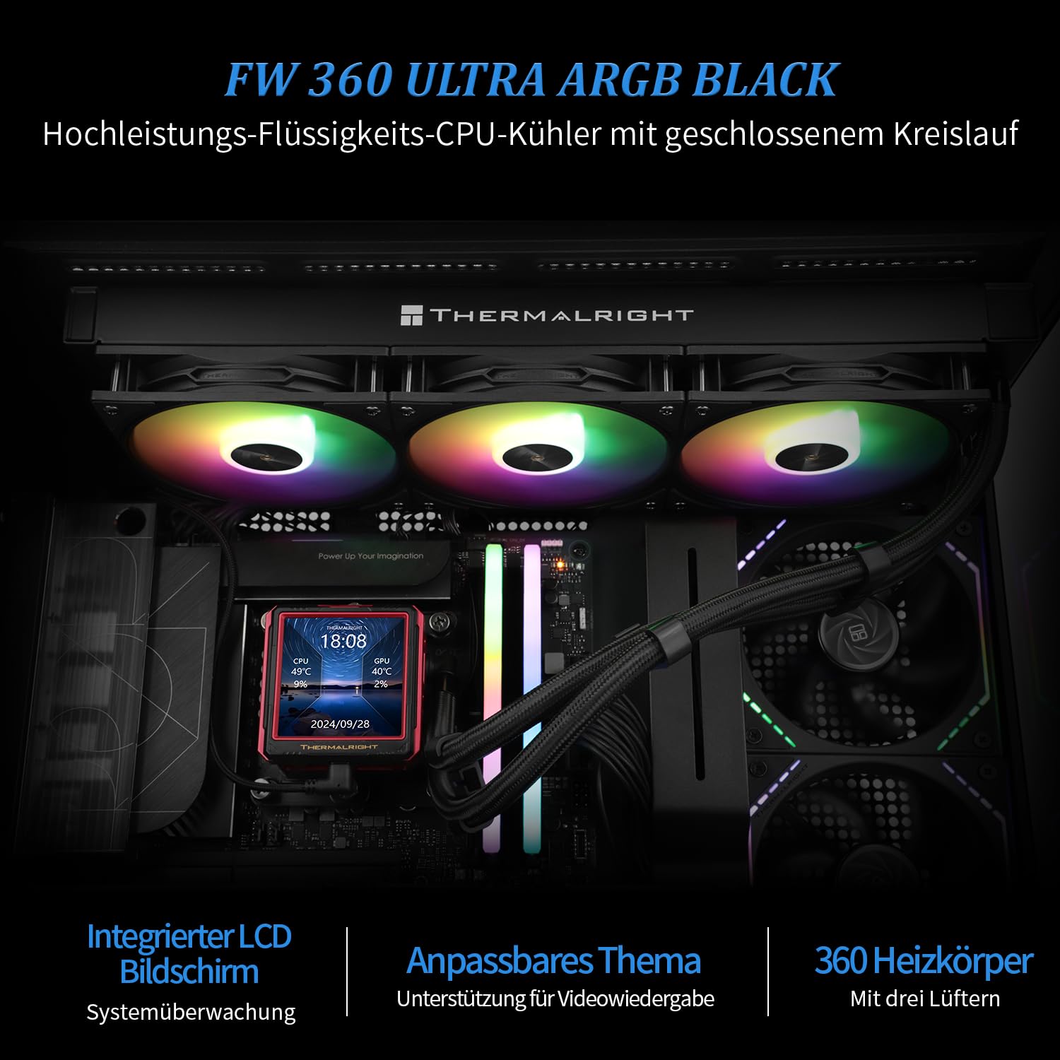 TR FW360 Ultra ARGB czarny CPU AIO Cooler, system chłodzenia wodą PC 360, wyświetlacz IPS LCD o rozdzielczości 480 x 480, do AM4/AM5 i Intel LGA1700/1851, pompa o wysokiej wydajności