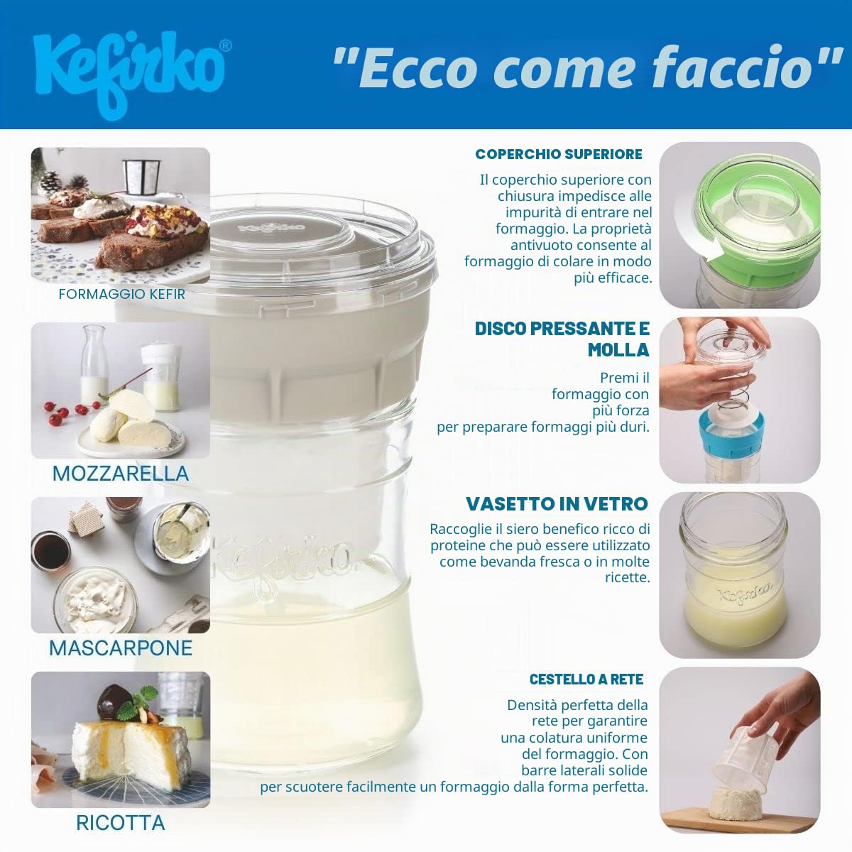 Kefirko Cheese Maker 1,4l - Set per Preparare Il Formaggio Di Kefir In Casa - rosa