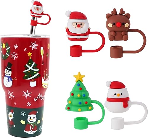Avky 4 tapas de paja de Navidad para copa Stanley, 0.394 in, 0.4 pulgadas, accesorios Stanley, tapa de popote de Navidad con vaso de 30 y 40 onzas
