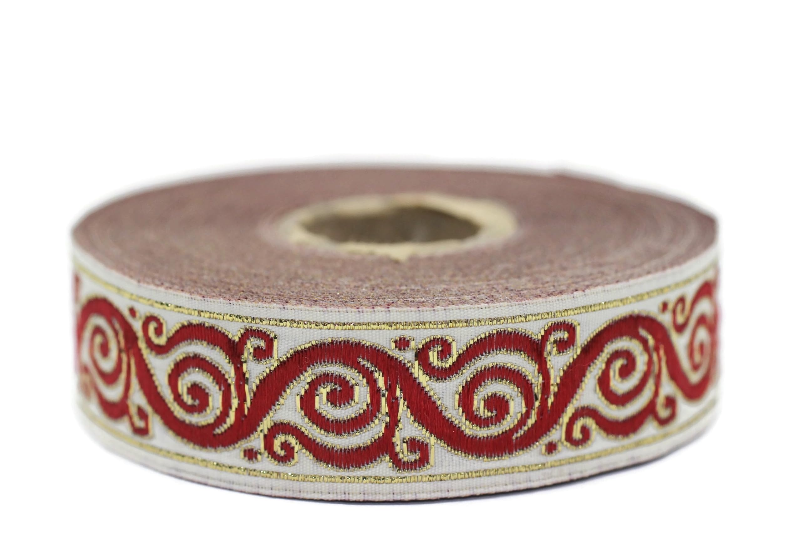 Ruban jacquard escargot celtique rouge 22 mm mercerie couture décoration tapisserie