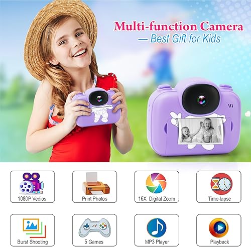 Miniatura 2 de Cámara de impresión instantánea para niños, cámara digital instantánea para niños de 3.5 pulgadas con fotos y videos HD de 1080P, regalos de