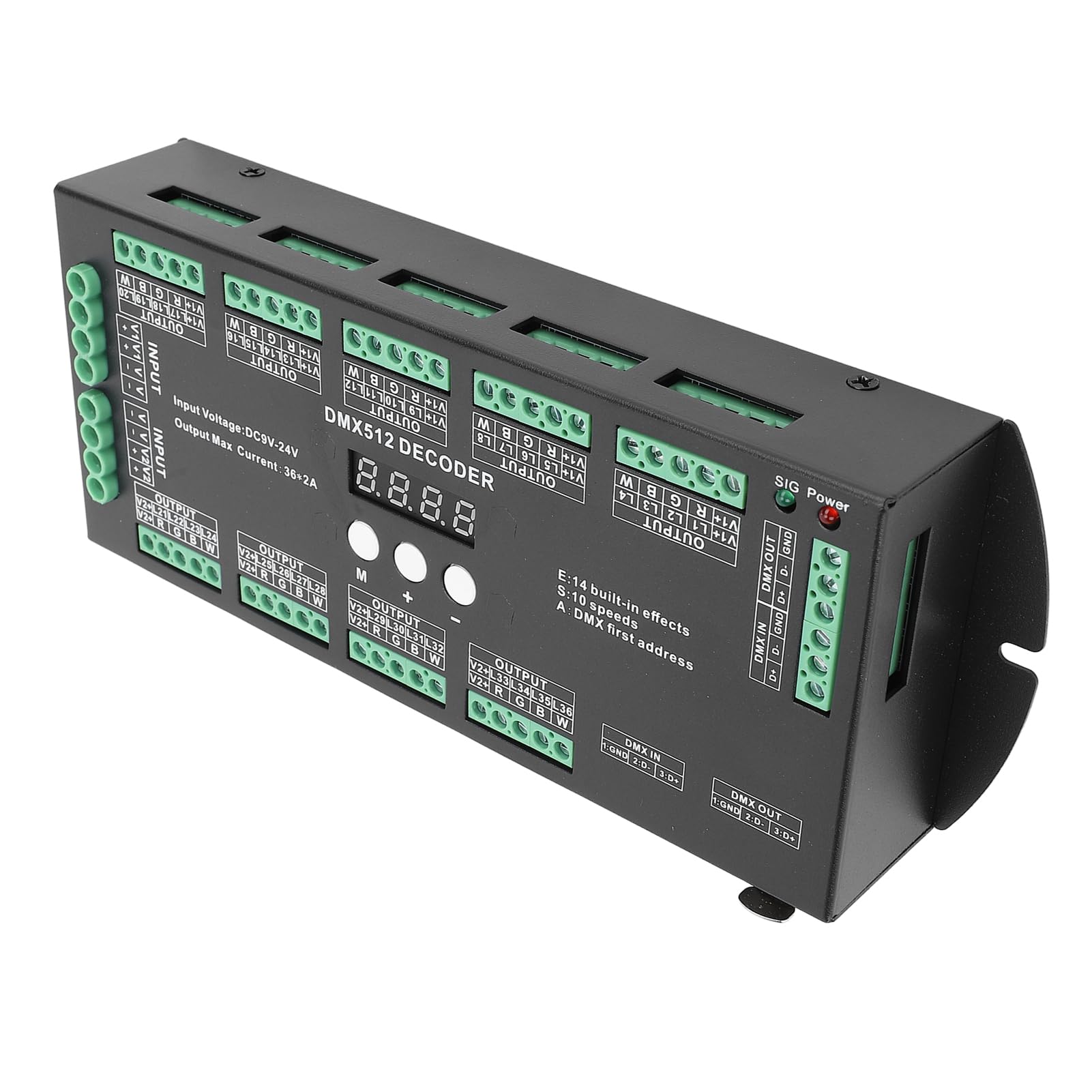Focket Kontroler DMX, Dekoder RGBW z Wyjściem 36CH 2A, Kontroler Taśm LED z 14 Wbudowanymi Trybami Testowymi Cyfrowy Wyświetlacz Adresowy dla Taśm LED RGBW Moduł Światła Oświetlenie Sceniczne