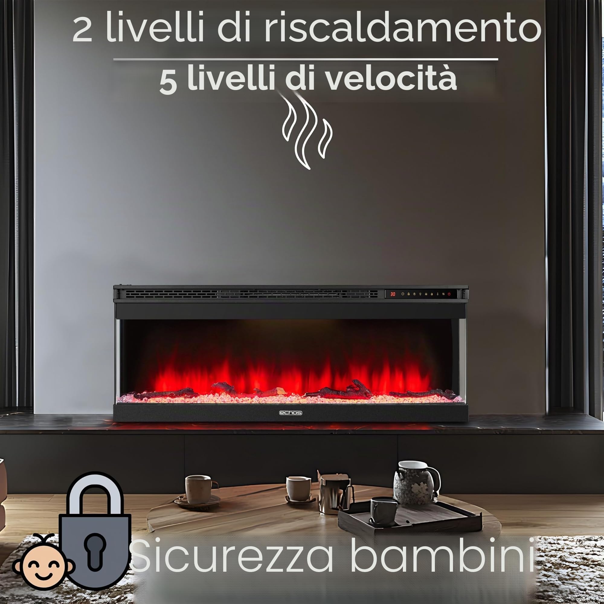 Camino elettrico con riscaldamento, termoventilatore a risparmio energetico, 1500 W, effetto fiamma