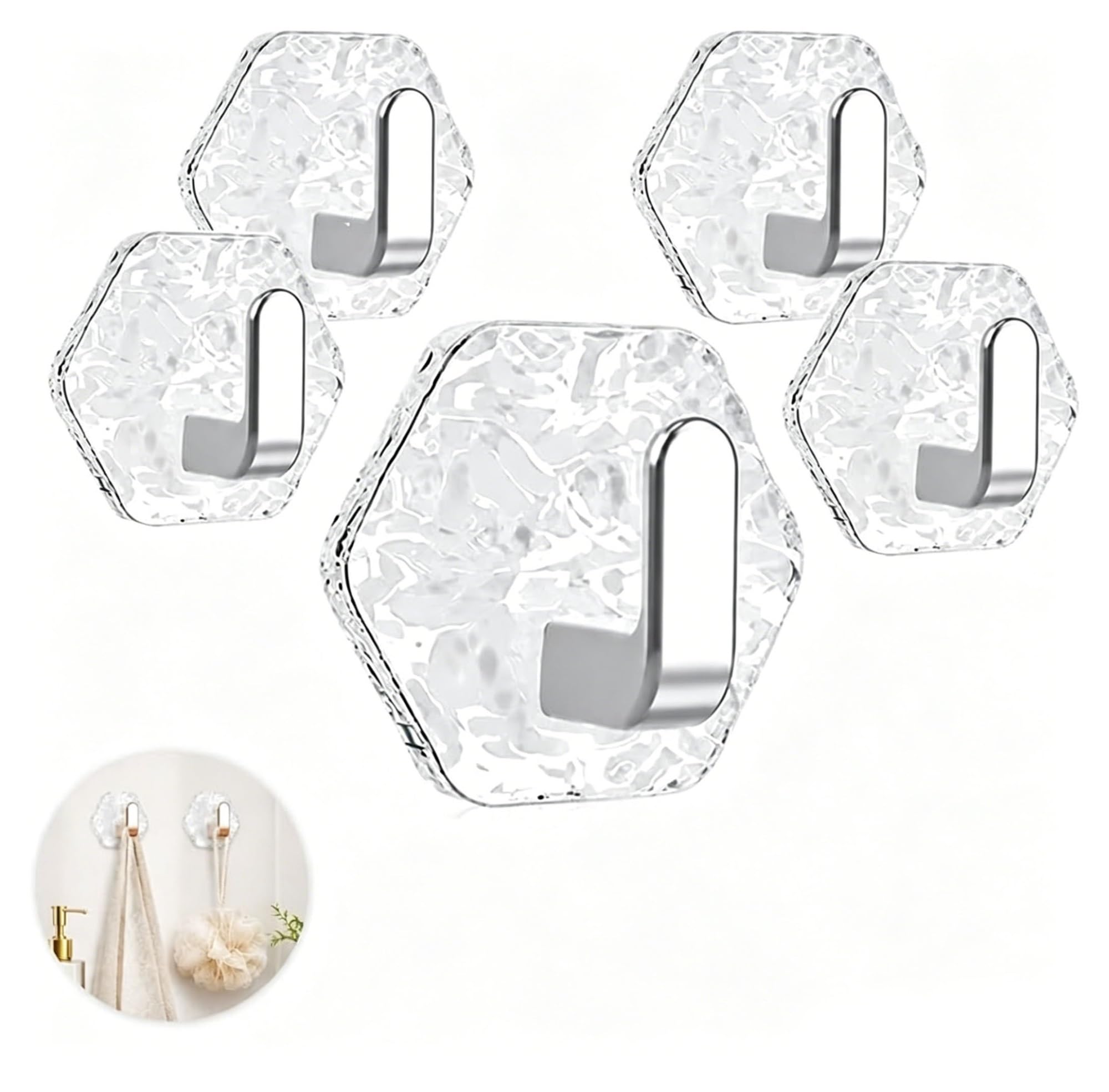 sloiaz Glacier Water Ripple Hexagonal Adhesive Hooks, No Drill Heavy Duty Waterproof Wall Hooks for Bathroom Kitchen Towels Keys Storage(Silver,5pcs)