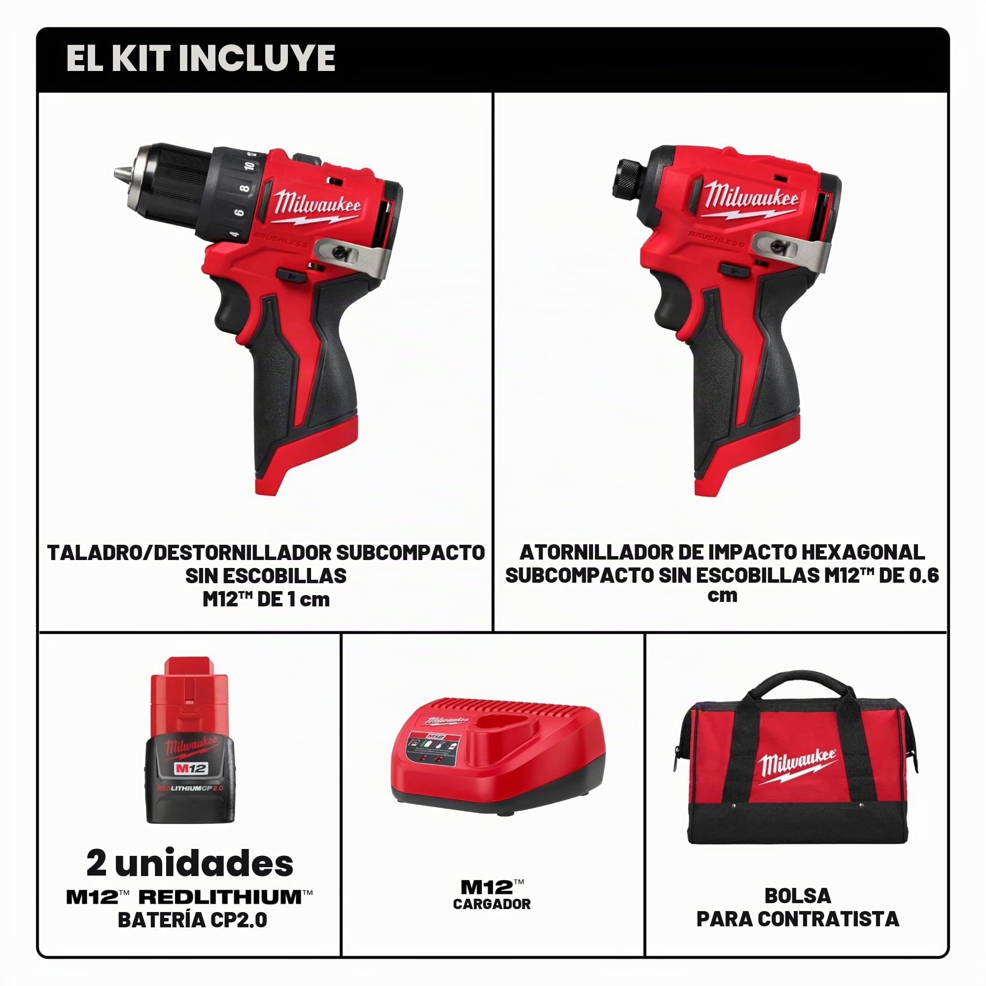 Milwaukee Electric - Kit de 2 herramientas compactas sin escobillas M12