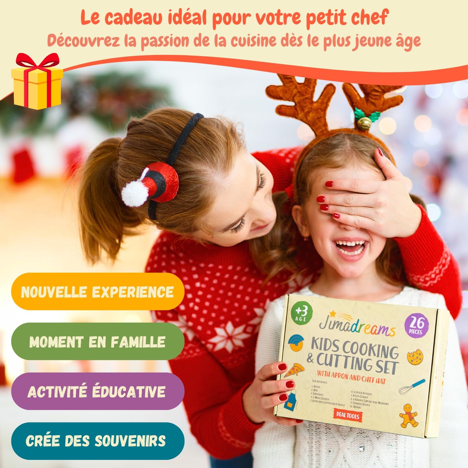 Kit Couteau Cuisine Enfant Montessori avec Tablier et Toque Ajustables - Ustensiles de Cuisine Enfant sans BPA, Set Couteaux Sécurisés, Kit Patisserie, Coffret Cadeau Petit Chef dès 3 Ans
