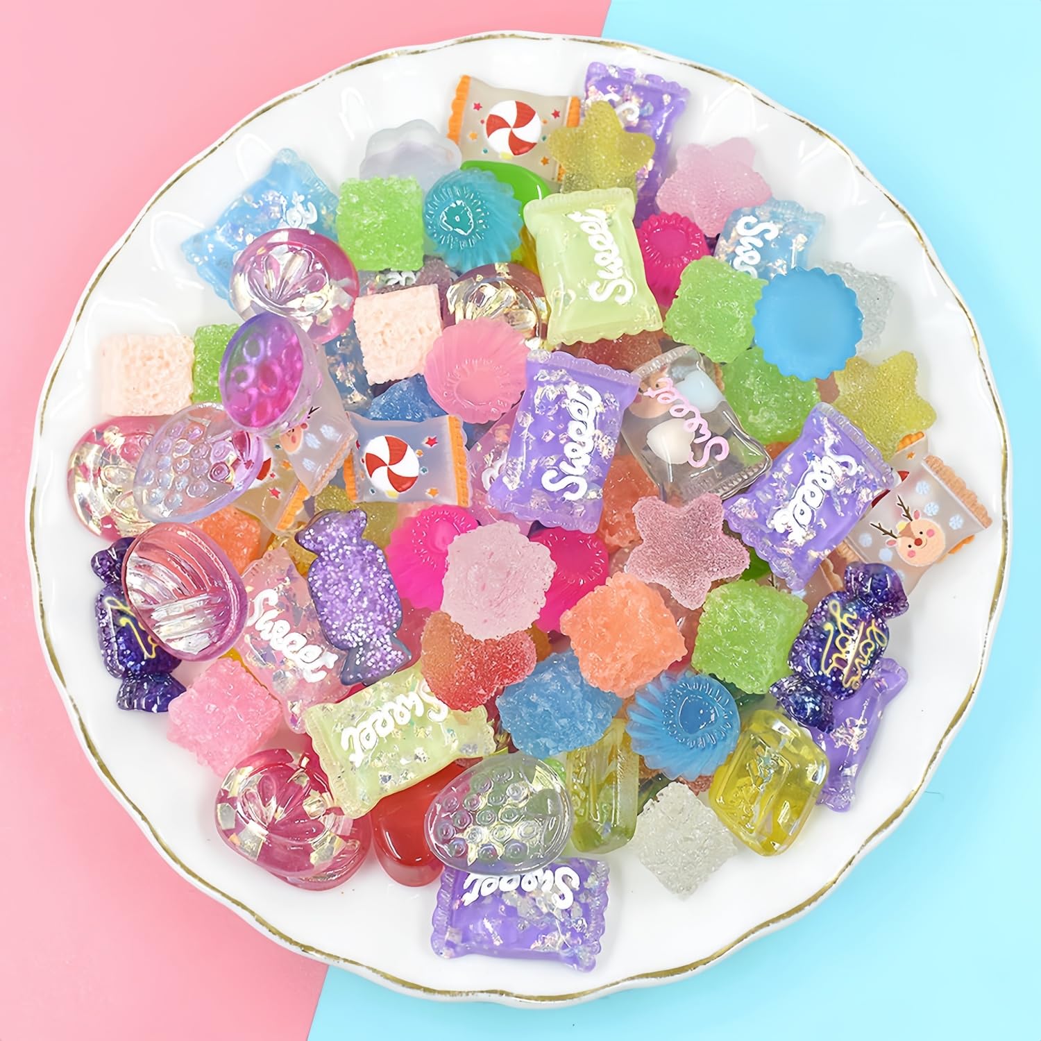 Ulalaza 50pcs Slime Charms Mixed Set Resin Flatback Making Supplies For DIY Craft Making And Ornament Scrapbooking Beads Assorted Candy Fruit Cake Ornament