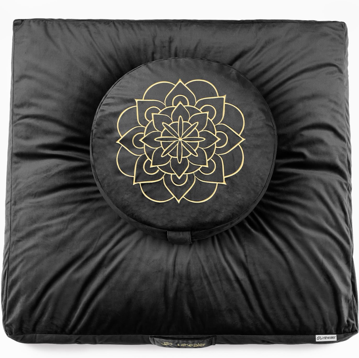 Hihealer Meditation Cushion Set Large Velvet Floor Pillow & Traditional Tibetan Yoga Bolster for Adults Zafu Meditation Mat with Buckwheat Filling (Black)