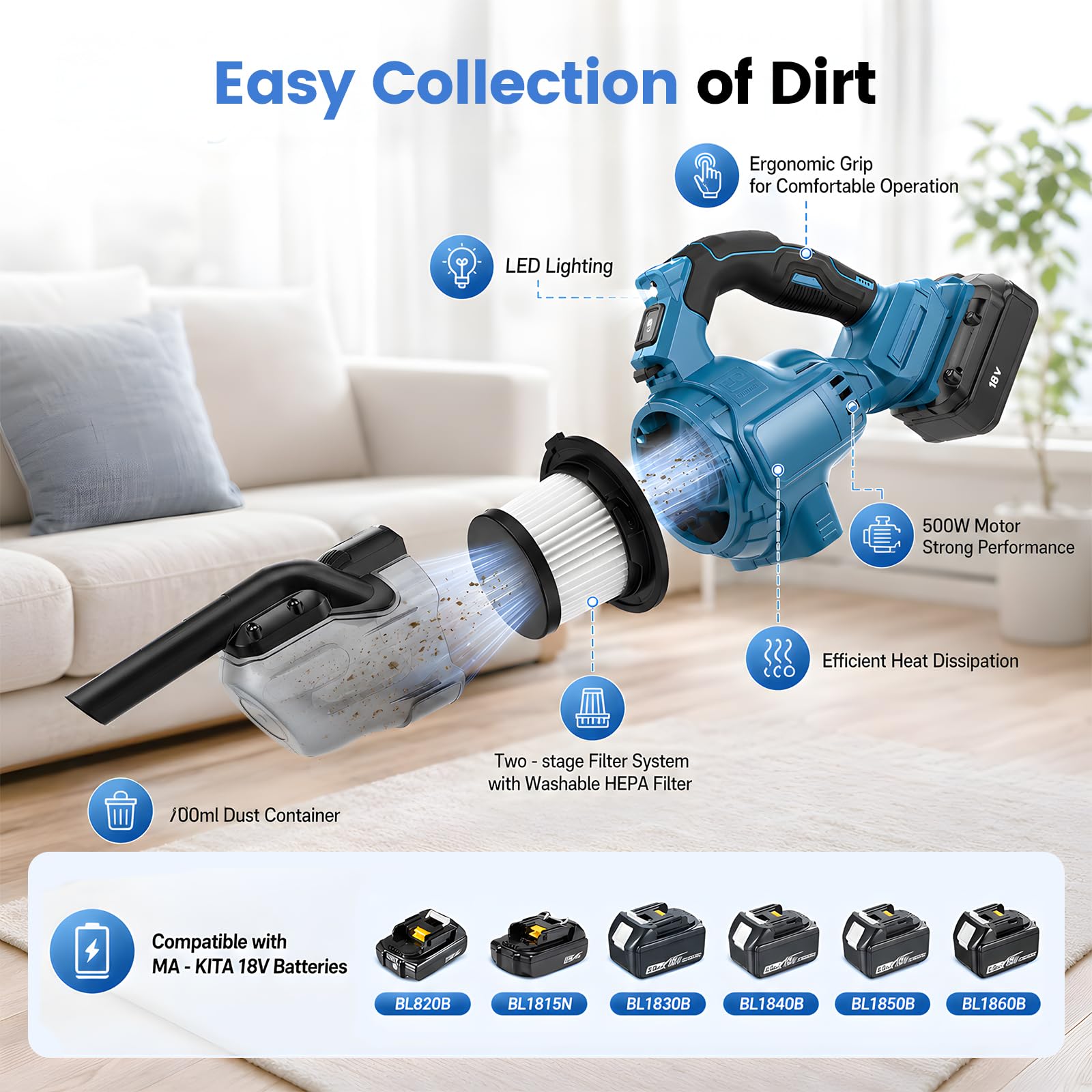Aspiradora con batería para baterías Makita de 18 V, 10000 Pa 4 en 1, aspiradora de mano portátil, aspiradora de 140 W, aspiradora inalámbrica con vaso grande de 0,75 l, para pelo de animales