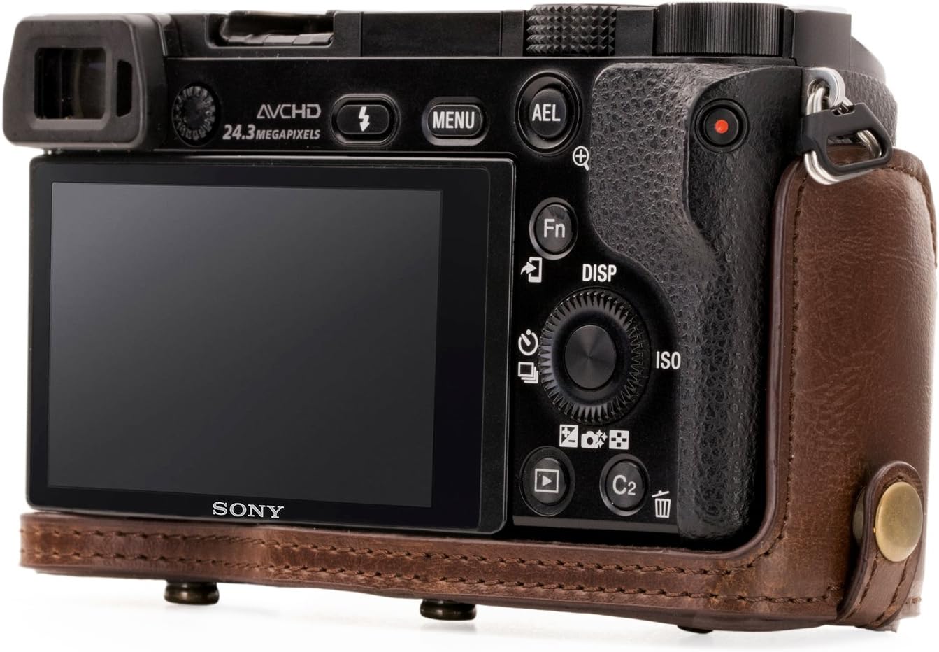 MegaGear "Ever Ready" Leather Camera Case – Easy to Install, Tripod and Peripheral Friendly Accessory – Compatible with Sony Alpha A6000, A6300 (Dark Brown)