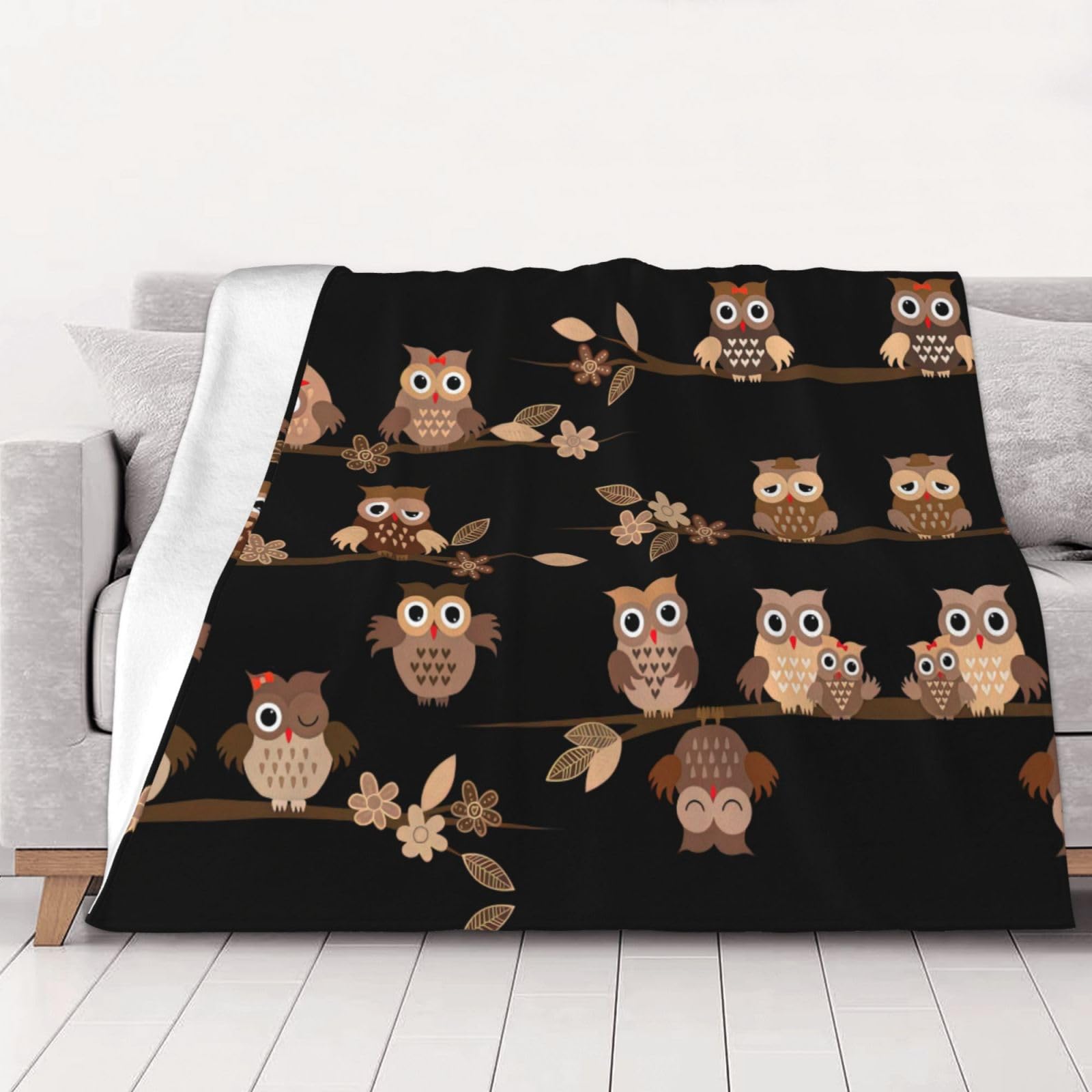 Couverture en flanelle chouettes marron contre le froid en voiture et les frissons du salon