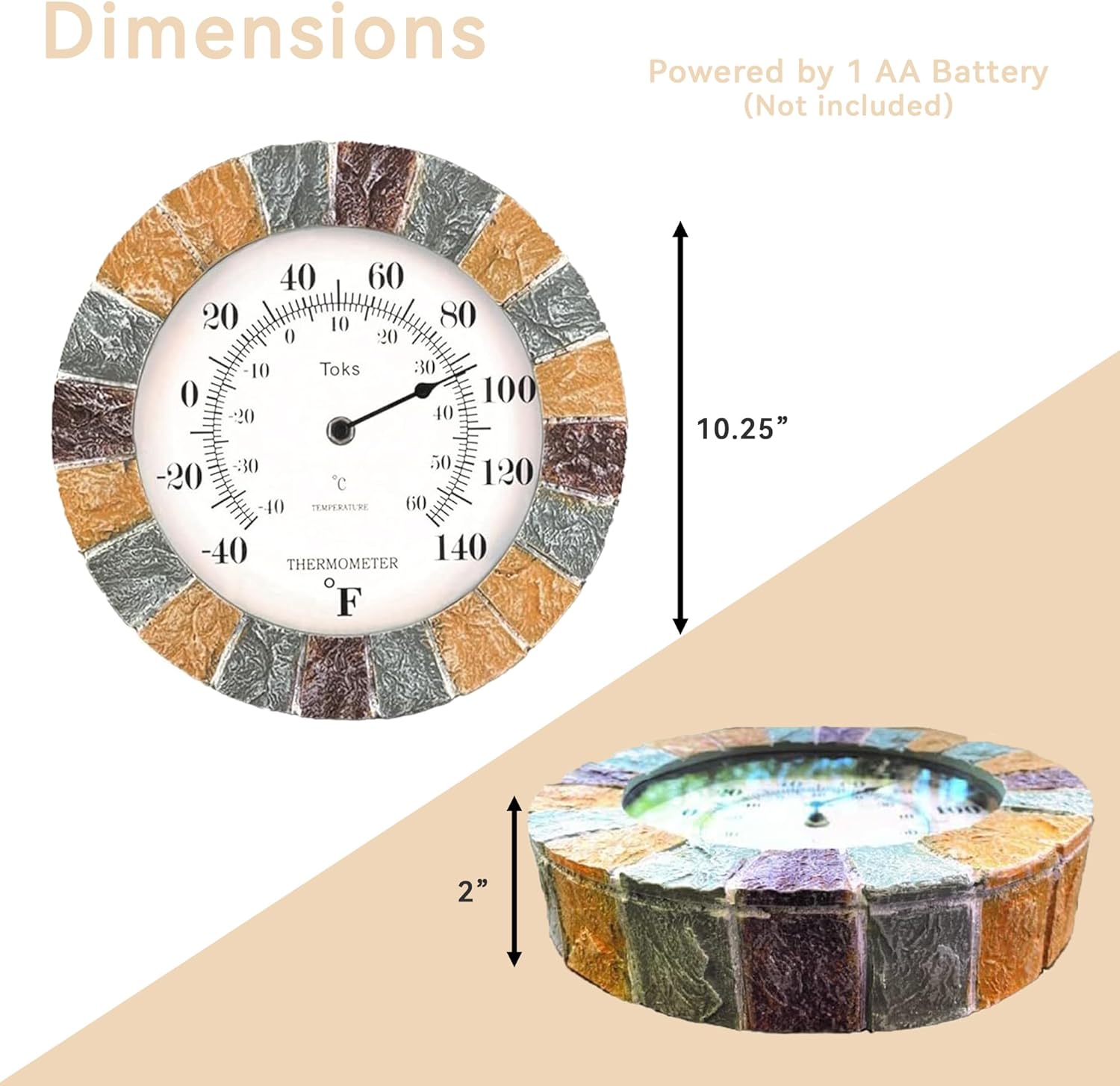 Lily's Home 10 inch Indoor or Outdoor Wall Thermometer Stone Frame Battery Operated Quartz Movement, Operated Decor for Family Room, Office, Game Room,Garden, Backyard, Pool