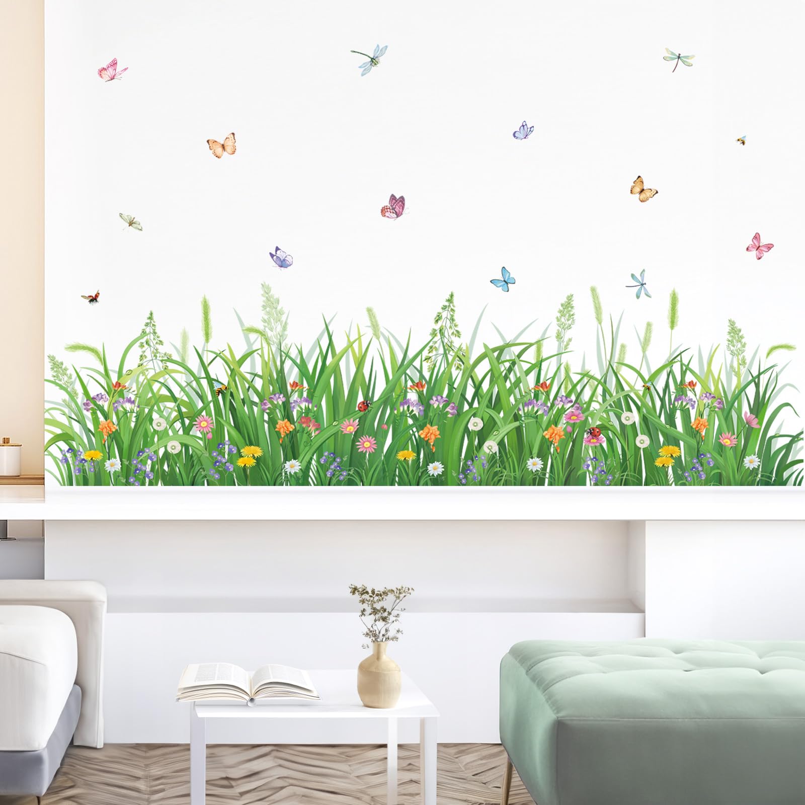 decalmile Green Plant Grass Flowers Wall Corner Stickers Butterflies Floral Baseboard Skirting Line Wall Decals Baby Nursery Living Room Bedroom Wall Décor - Image 3