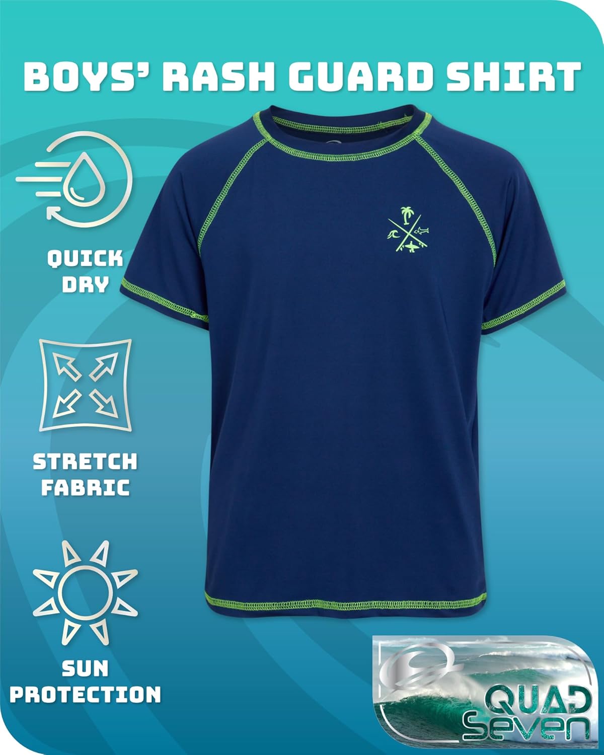 Quad Seven Boys Swim Shirt - 2 Pack Quick Dry Sun Protection Short Sleeve Rash Guard for Boys Youth Kids Swimwear (2T-18) - Image 2