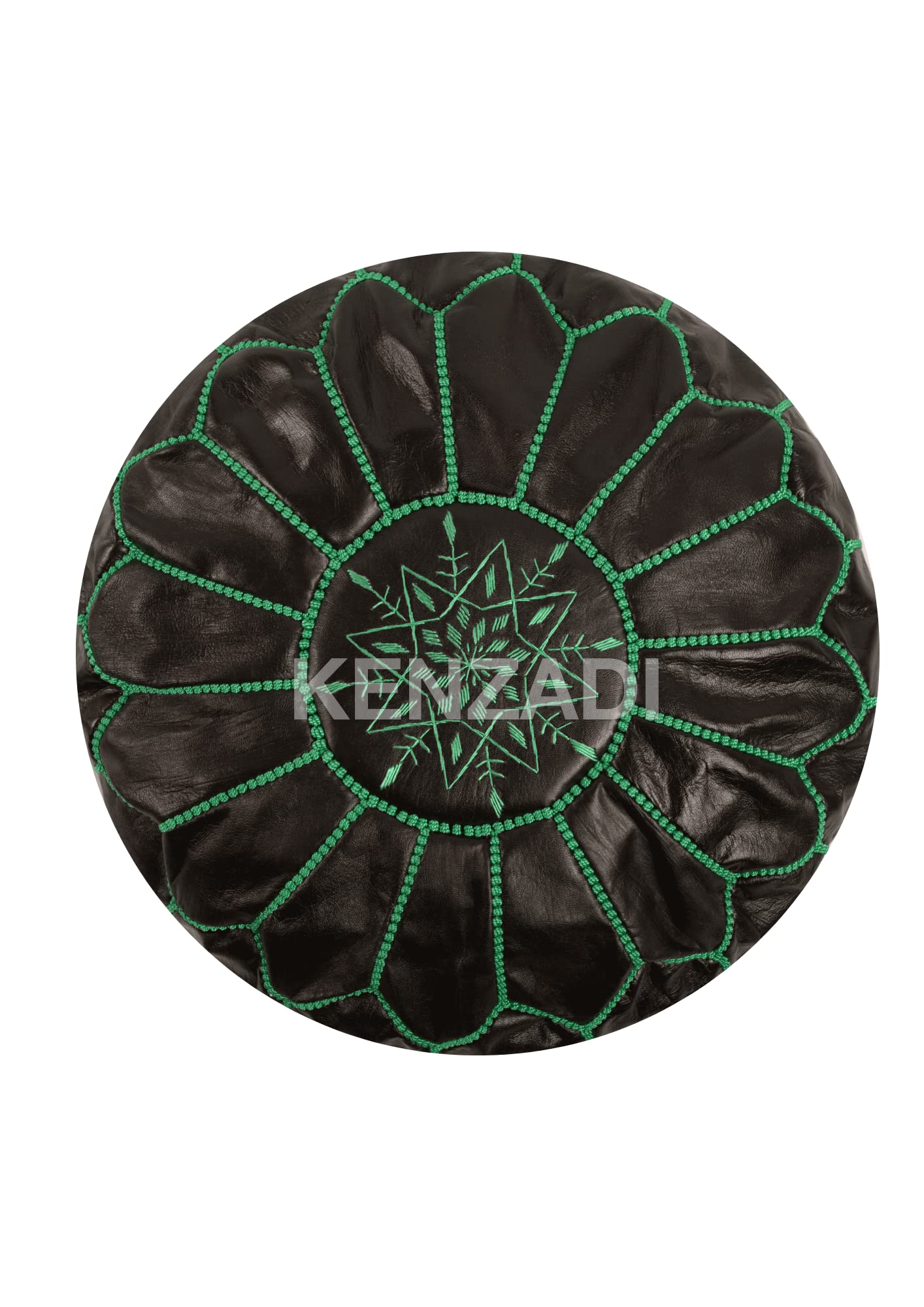 KENZADI Genuine Leather Ottoman Pouf Cover Hand Stitched in Marrakech by Moroccan Artisans, Footstool, UNSTUFFED (Black by Green)