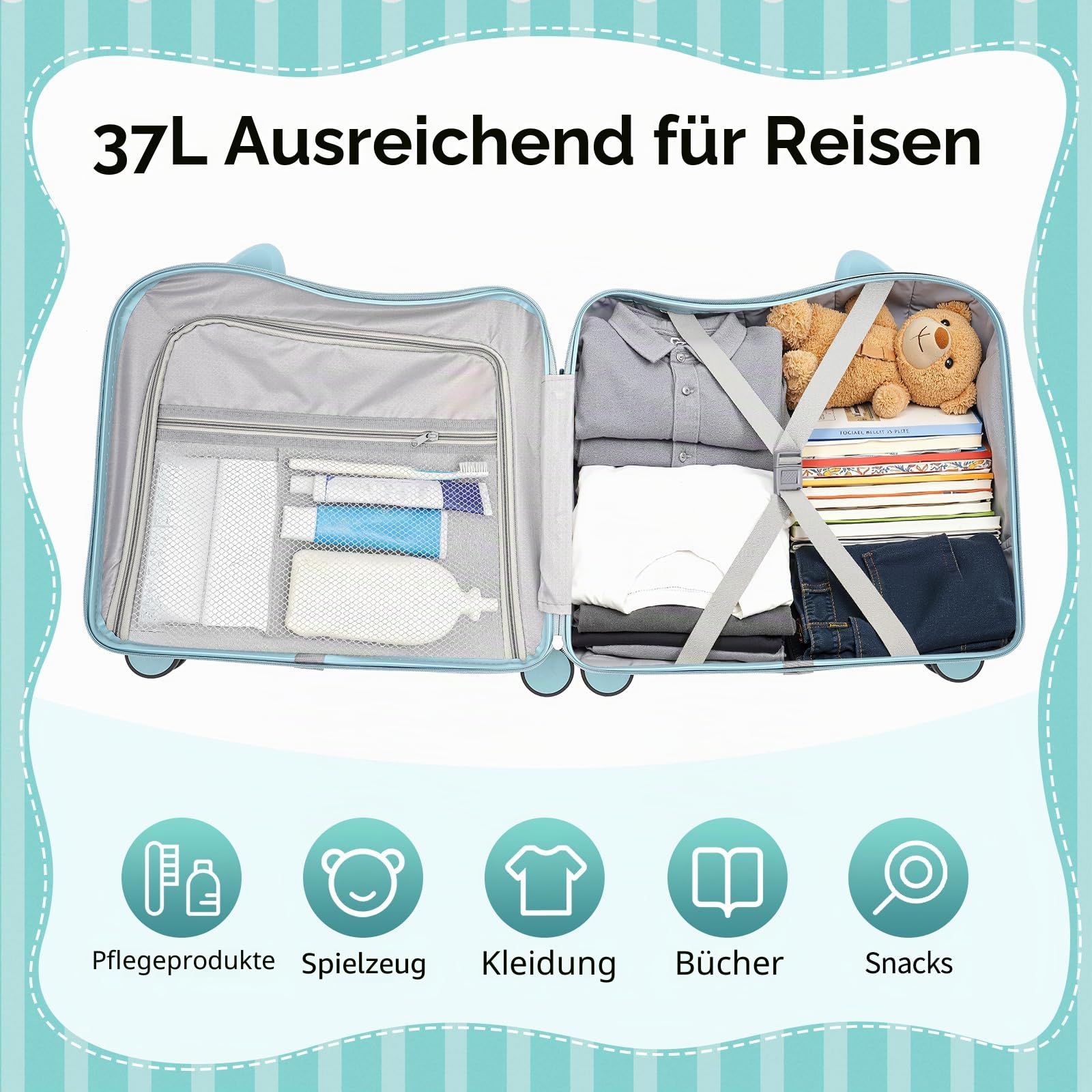 18 Zoll Kinderkoffer zum Draufsitzen, Kindertrolley Kindertrolley Kinder Reisekoffer mit Zugstange und Passwortschloss Rollkoffer Kinder Koffer für 3-6 Jahre Mädchen & Jungen 37L (Himmelblau)