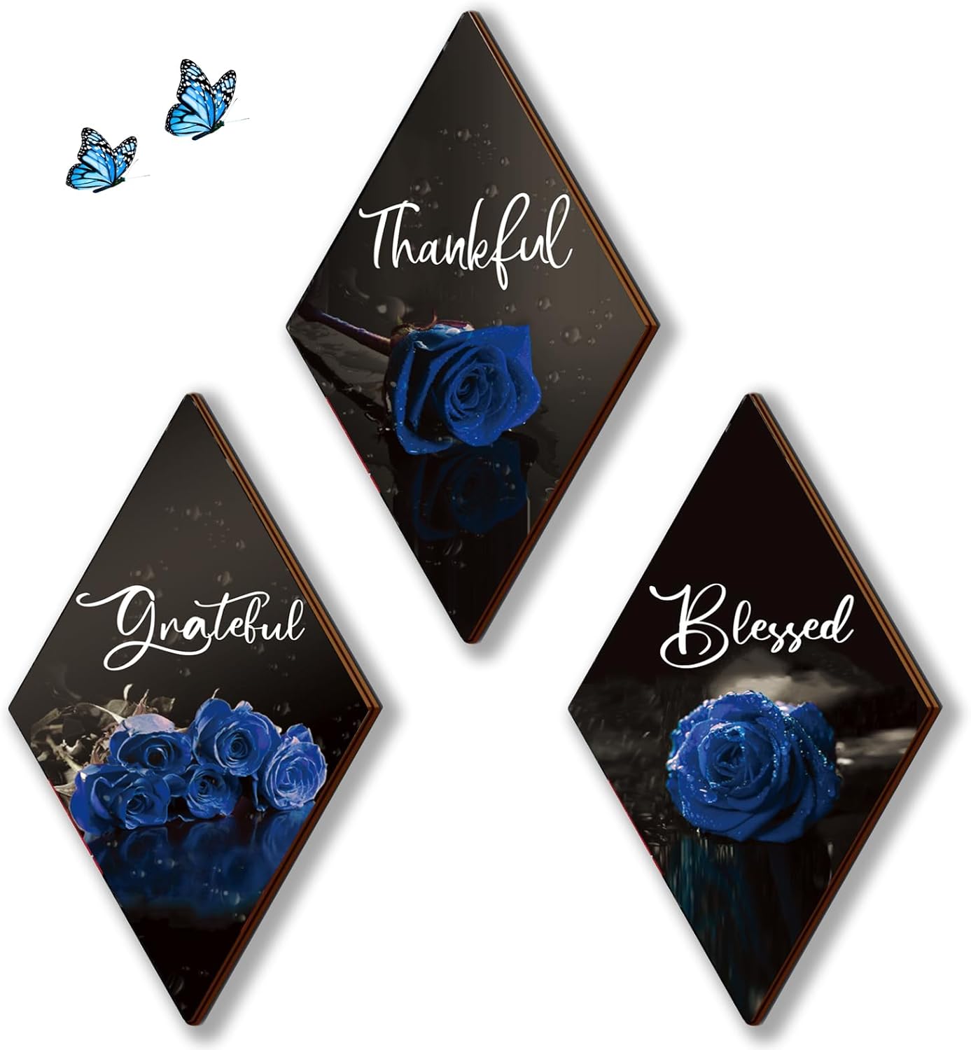 ONIZHITY 3 Pcs Blue Bathroom Decor Rose Wooden Wall Decor