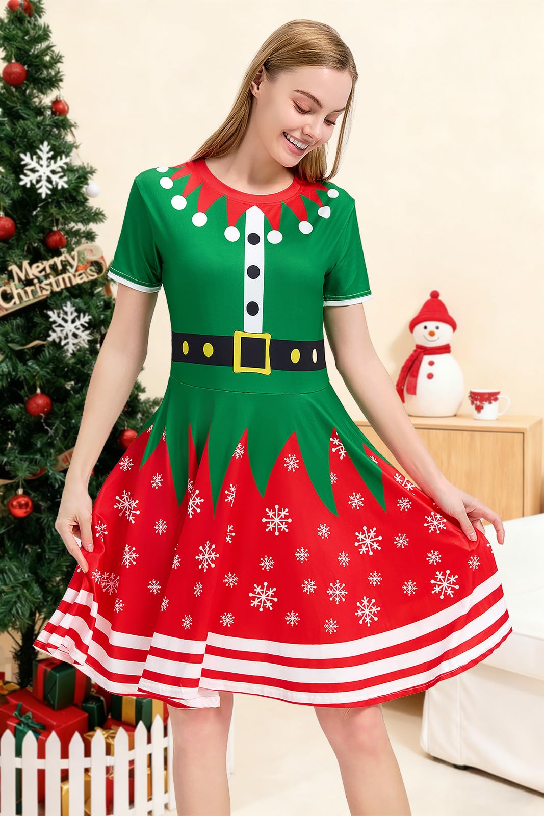 Glimnerize Christmas Women's Dress Versatile Outfit Party Elf Printed Funny Christmas Themed Style Comfortable Novelty Santa A8 XL - Image 3