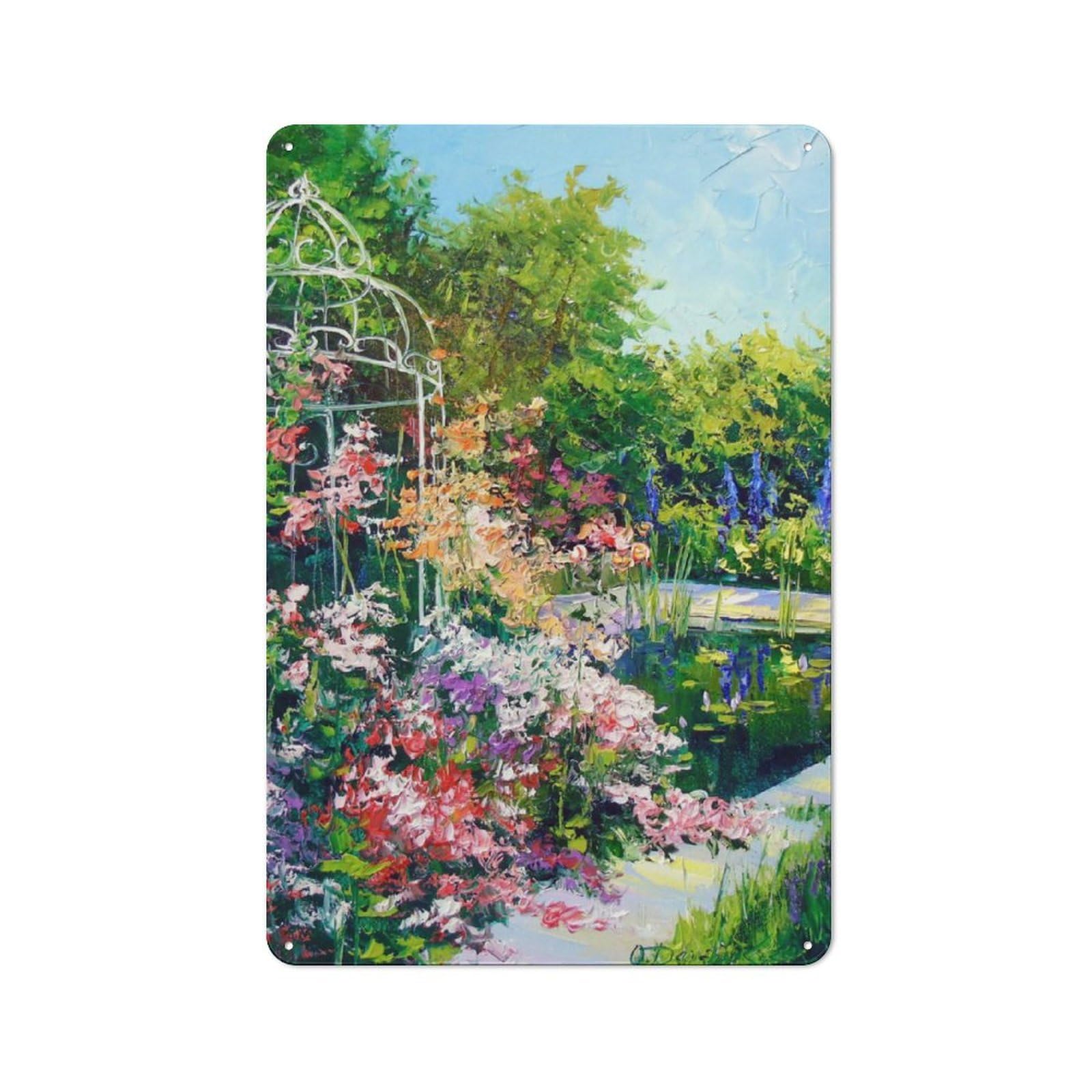 Junmoney Blooming Pond Metal Plaque With Design 30X20cm, Retro Kitchen Wall Decor For Bakery, Diner, Cafe Or Family Room