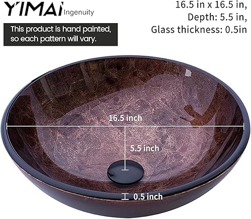 Miniatura 3 de Lavabo de Recipiente para Baño de 16.5" Lavabos de Recipiente de Vidrio Templado Marrón Lavabo de Arte Cuenco Redondo con Combo de Grifo Marrón