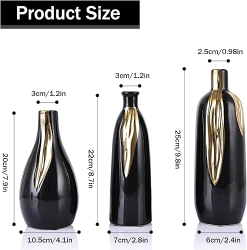 Miniatura 6 de Jarrón de cerámica de 3 piezas, jarrones dorados y negros para decoración del hogar, jarrones decorativos para chimenea, decoración de estantes y