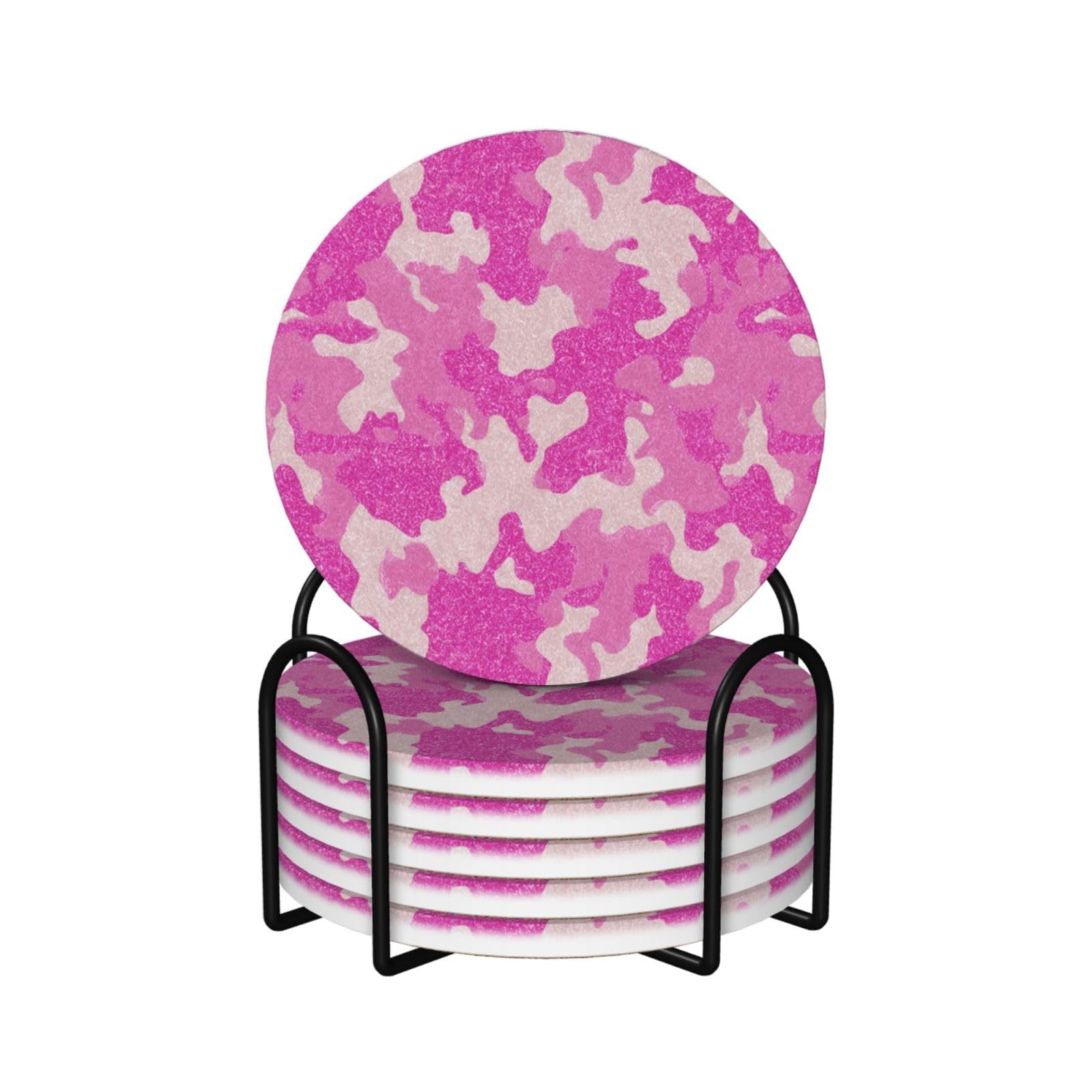 Cute Pink Glitter Cowhide Pattern Ceramic Coasters with Holder 6ps