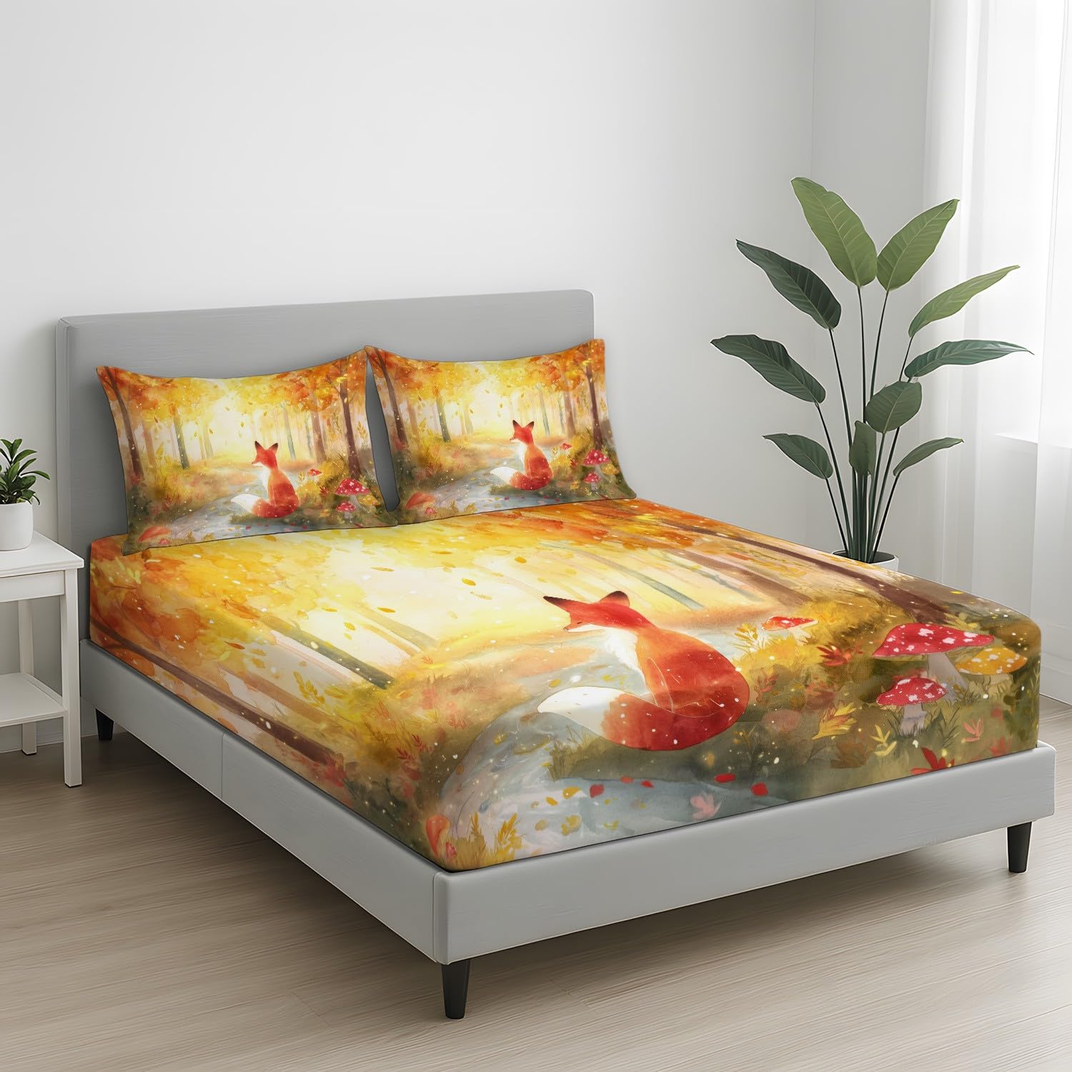 Magischer Wald Spannbetttuch Traumhaft Fuchs Botanisch Spannbettlaken 140 x 200 x 30 cm 3teilig Mikrofaser Bettwäsche Set mit 2 Kissenbezüge 80 x 80 cm Kein Flachbettlaken